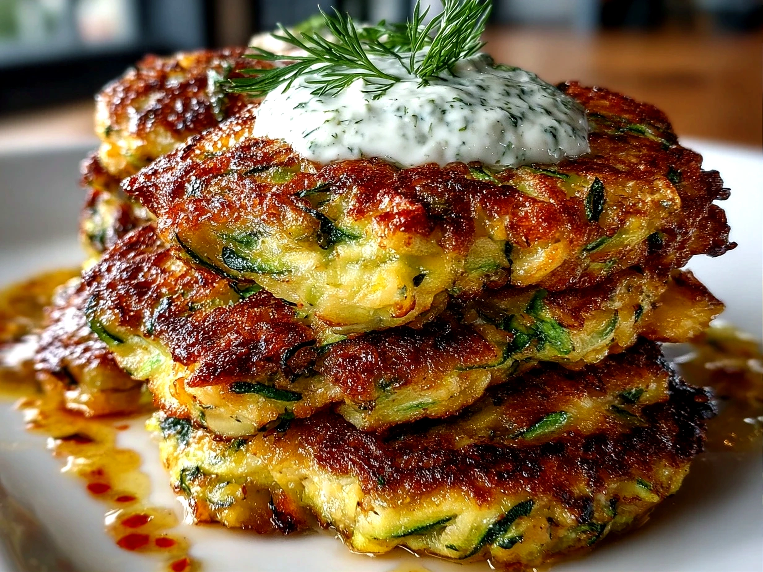 Freshly Prepared Zucchini Fritter Stack with Yogurt Sauce