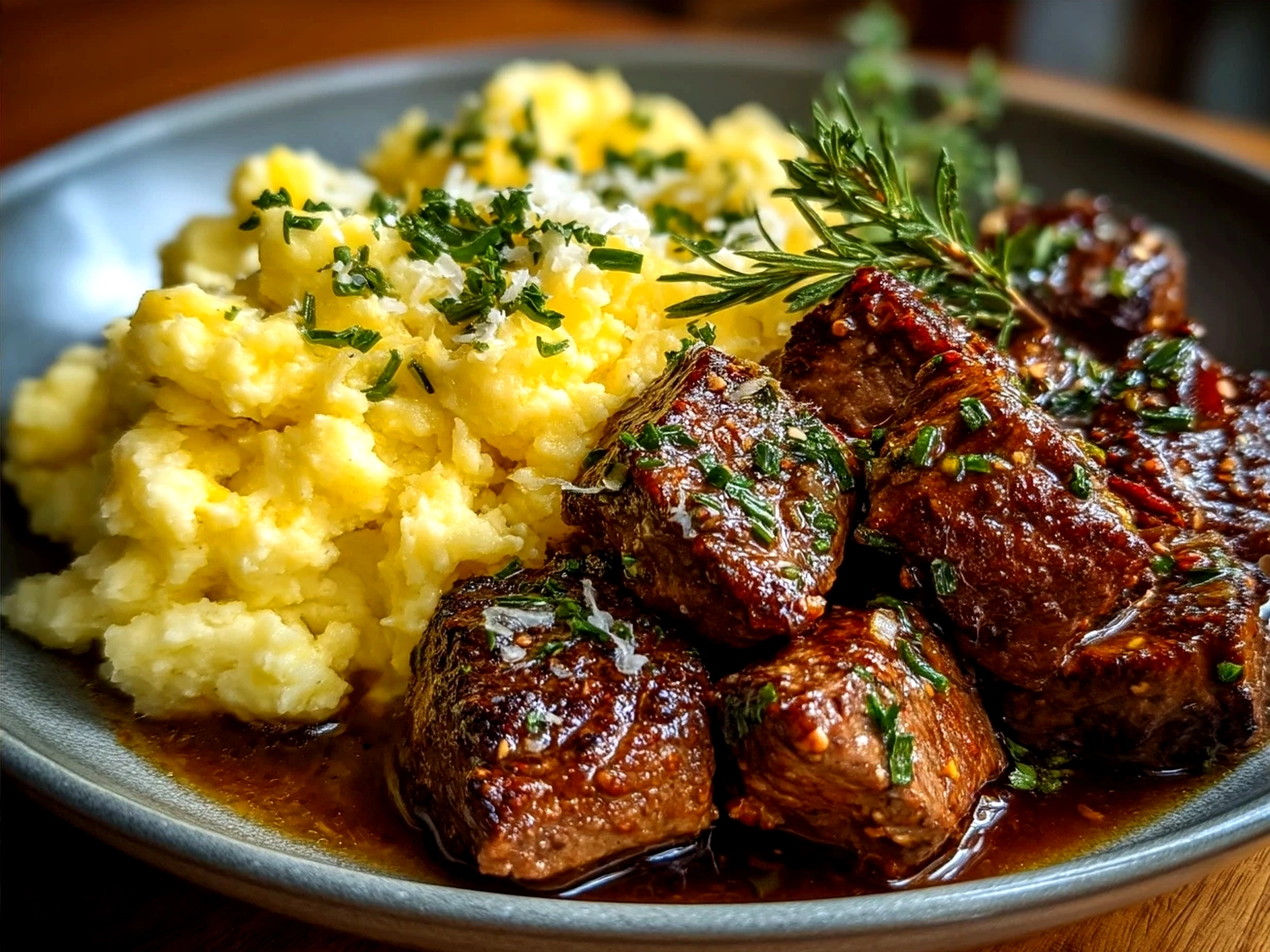 Serving platter of Garlic Butter Beef Bites with Creamy Mashed Potatoes