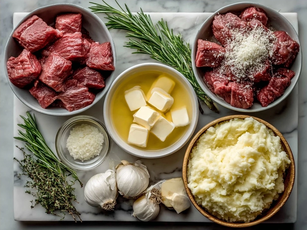 Ingredients for Garlic Butter Beef Bites with Creamy Mashed Potatoes