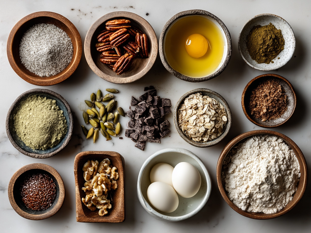 Ingredients for Gingerbread Protein Snacks showing rolled oats, protein powder, almond butter, molasses, honey, and spices