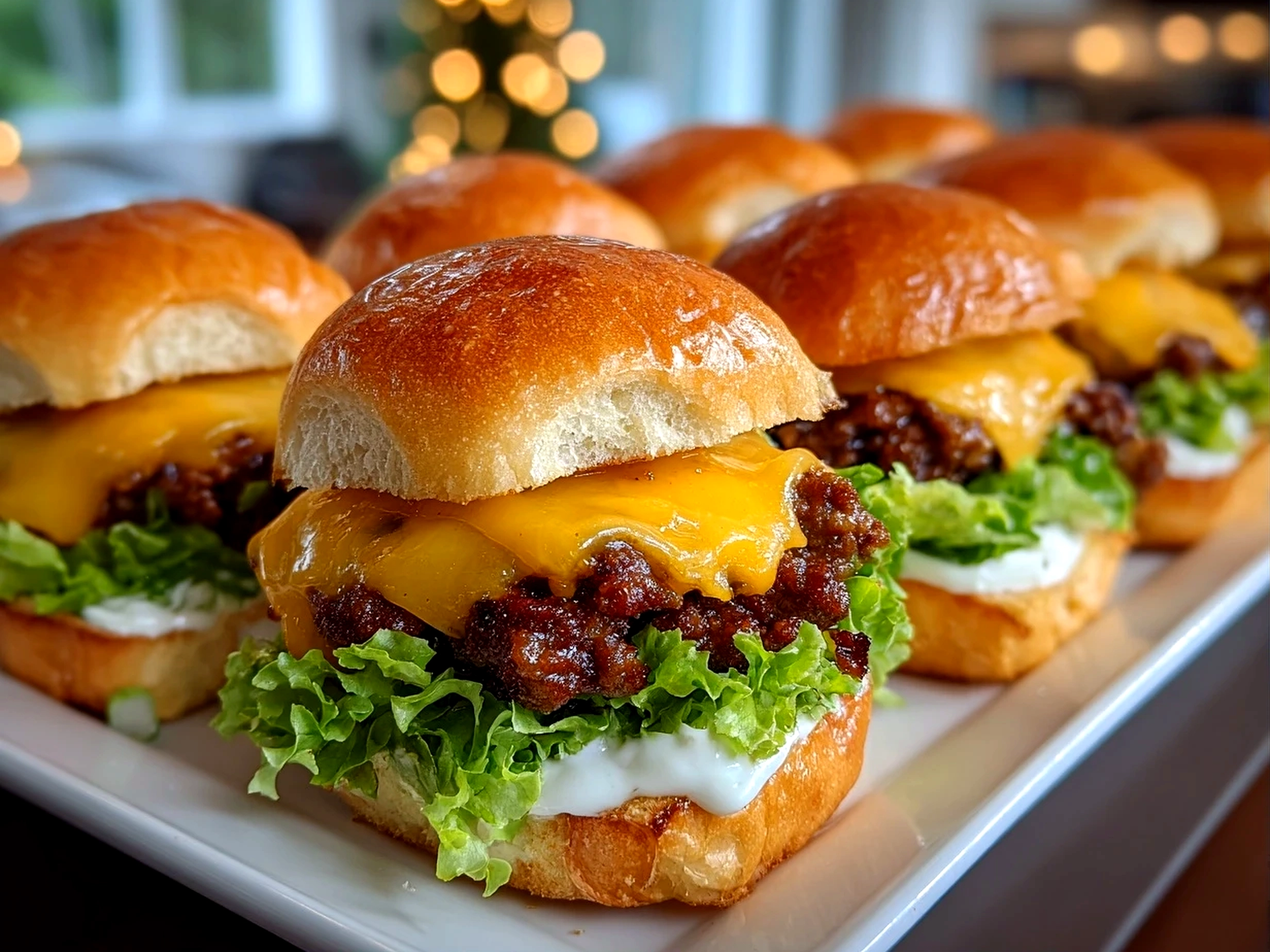 Home cook, iPhone 14 Pro. Close-up slight angle of delicious Loaded Big Mac Sliders on white plate. Rich inviting --ar 4:3 --style raw --s 260