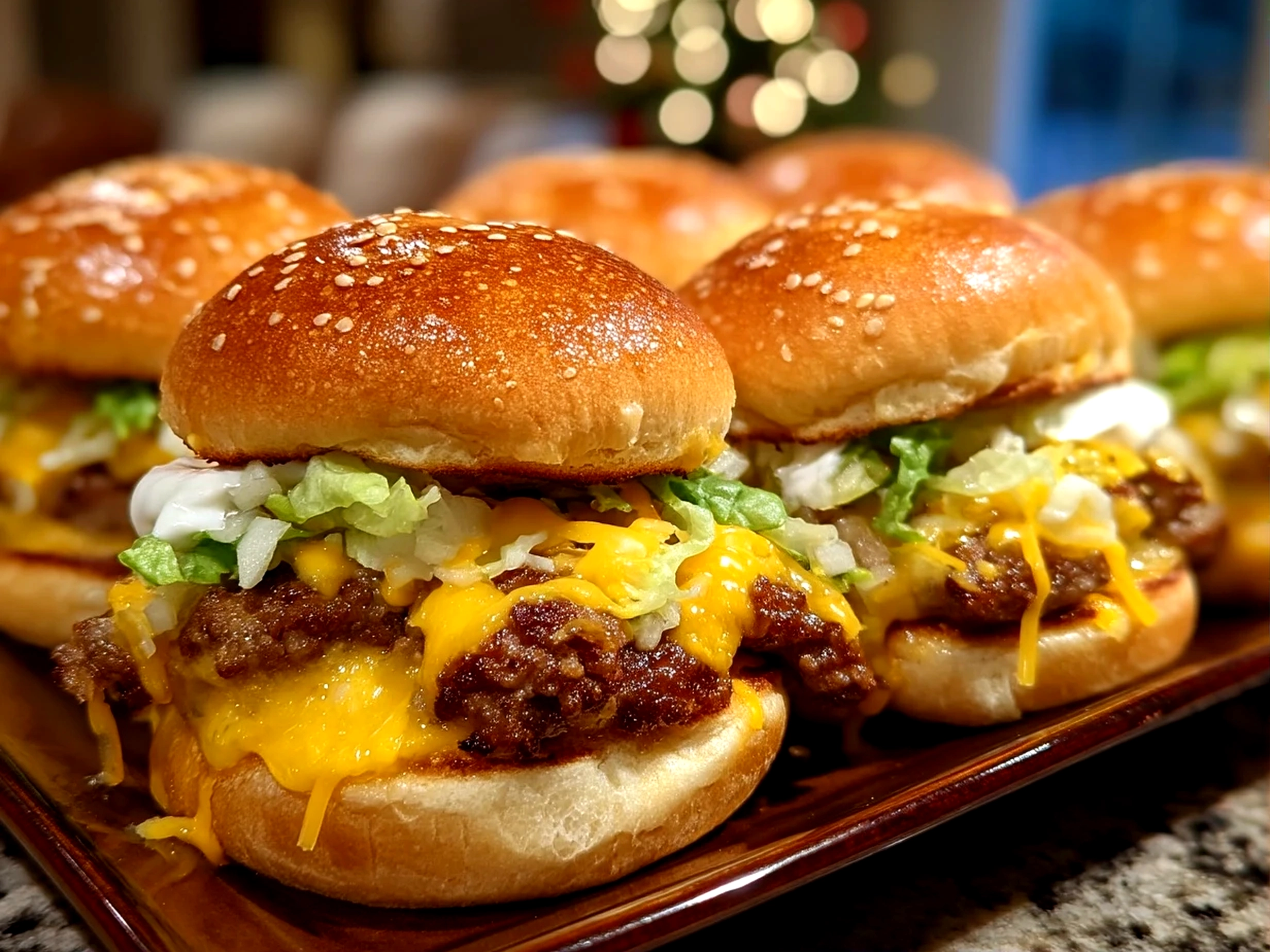 Close-up of finished delicious Loaded Big Mac Sliders being held by home cook with iPhone 14 Pro