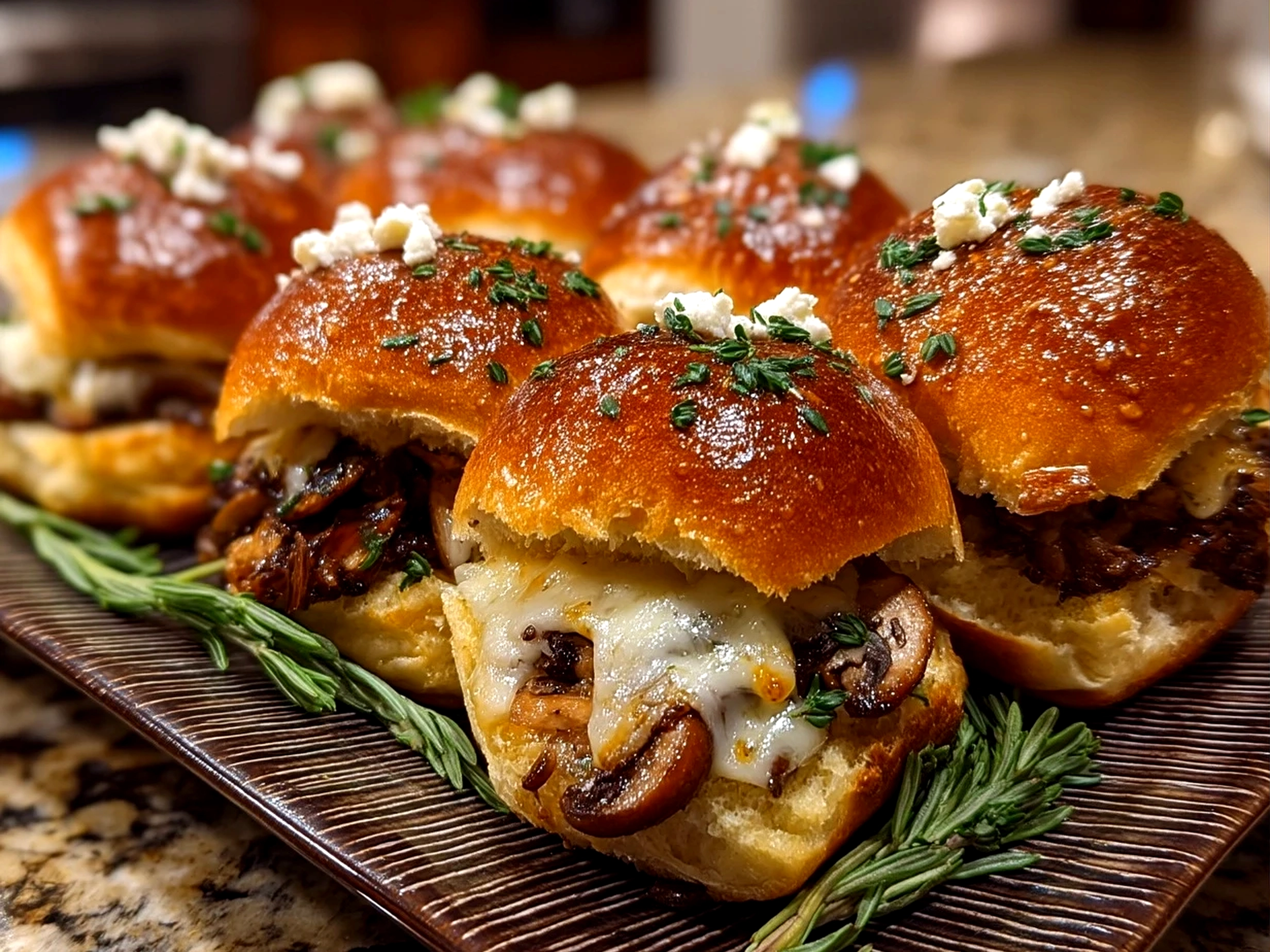 Close-up of finished Mini Mushroom Swiss Sliders served on a rustic wooden board.