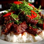 Home cook, iPhone 15 Pro. Close-up slight angle of delicious Crispy Peking Beef Bowl on white plate. Mouthwatering --ar 4:3 --style raw --s 245