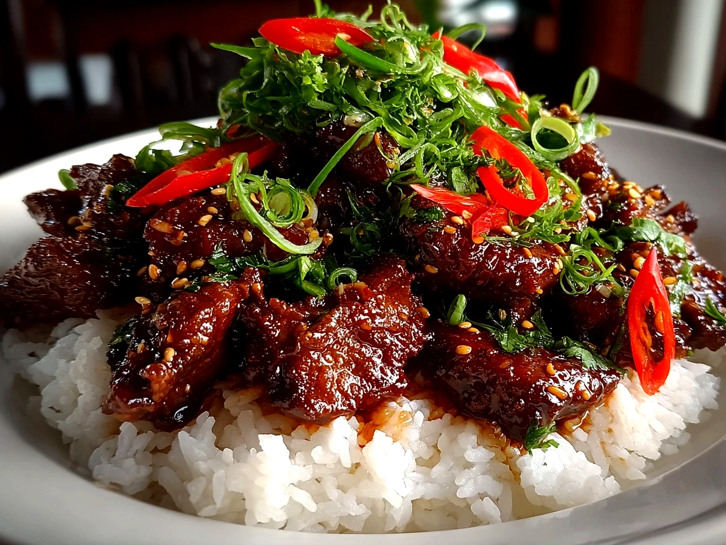 Home cook, iPhone 15 Pro. Close-up slight angle of delicious Crispy Peking Beef Bowl on white plate. Mouthwatering --ar 4:3 --style raw --s 245