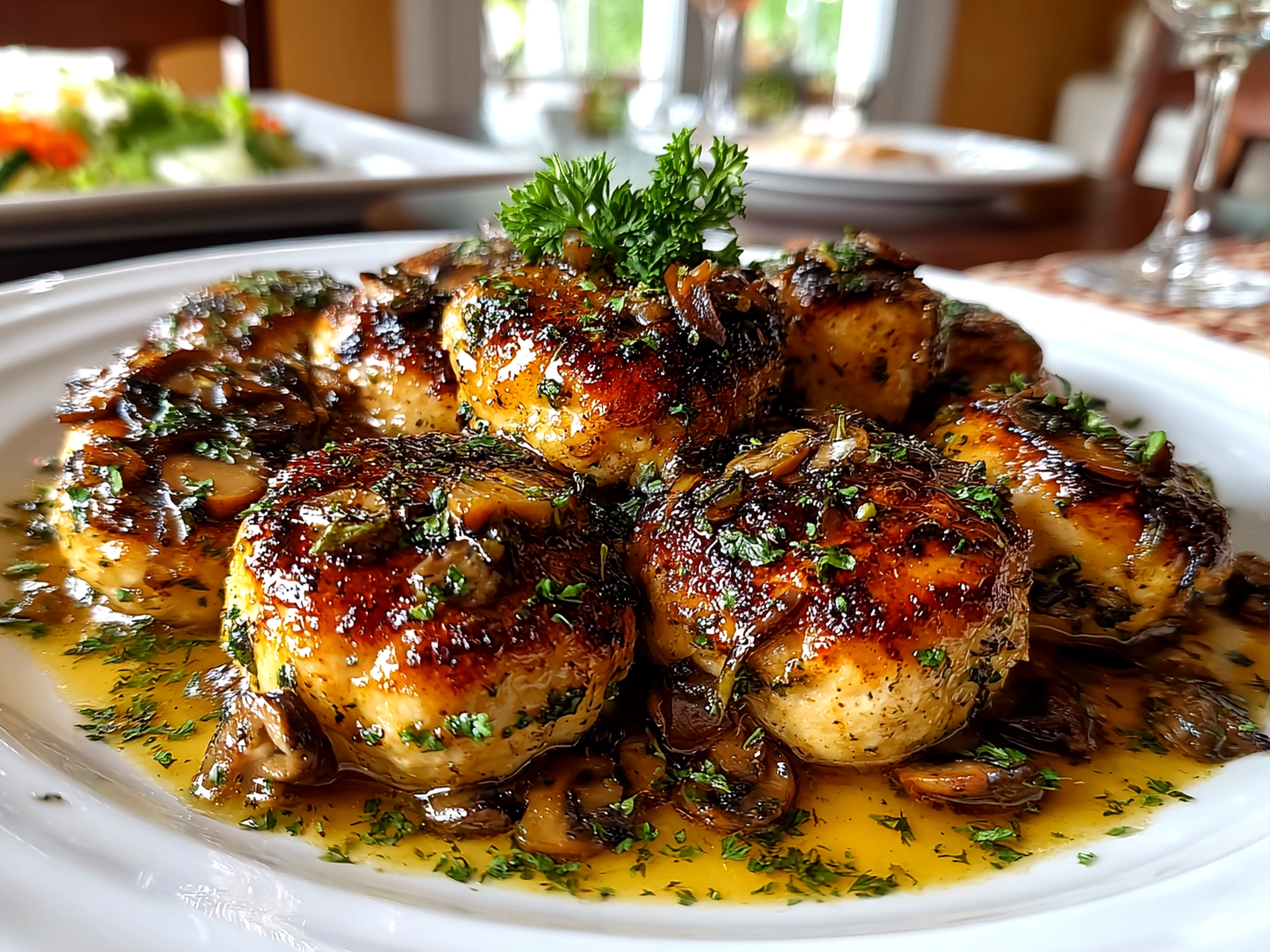 home cook, taken with iPhone 14 Pro. Close-up slight angle of comforting Chicken Marsala Meatballs on white plate. rich inviting --ar 4:3 --style raw --s 240