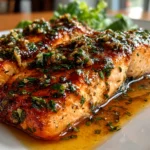 Home Cook, taken with iPhone 14 Pro. Close-up slight angle of delicious Garlic Butter Salmon on white plate. Fresh vibrant --ar 4:3 --style raw --s 230