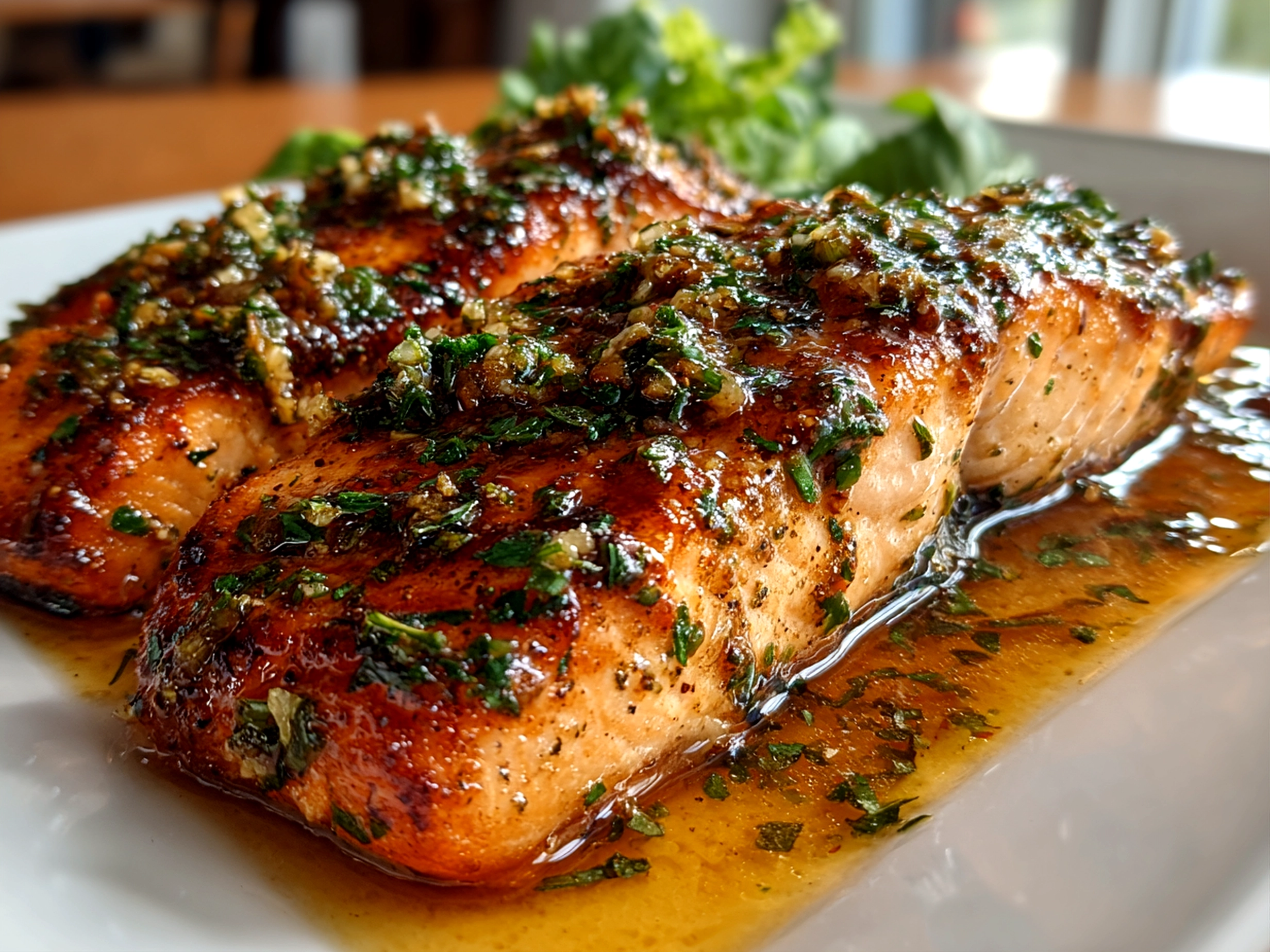 Home Cook, taken with iPhone 14 Pro. Close-up slight angle of delicious Garlic Butter Salmon on white plate. Fresh vibrant --ar 4:3 --style raw --s 230