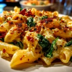 Home cook, taken with iPhone 14 Pro. Close-up slight angle of freshly prepared Baked Feta Pasta with Spinach on white plate. Mouthwatering --ar 4:3 --style raw --s 220