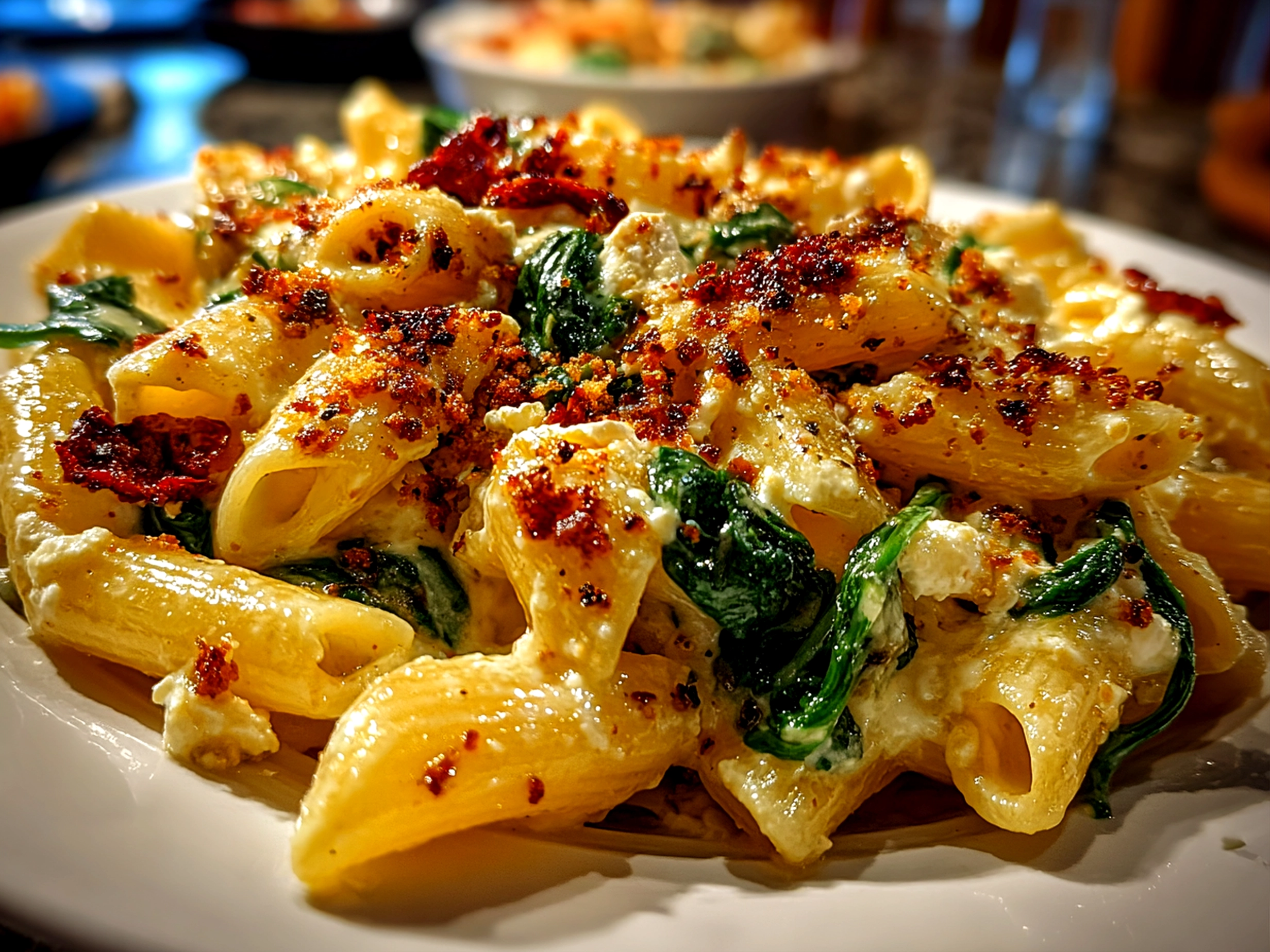 Home cook, taken with iPhone 14 Pro. Close-up slight angle of freshly prepared Baked Feta Pasta with Spinach on white plate. Mouthwatering --ar 4:3 --style raw --s 220