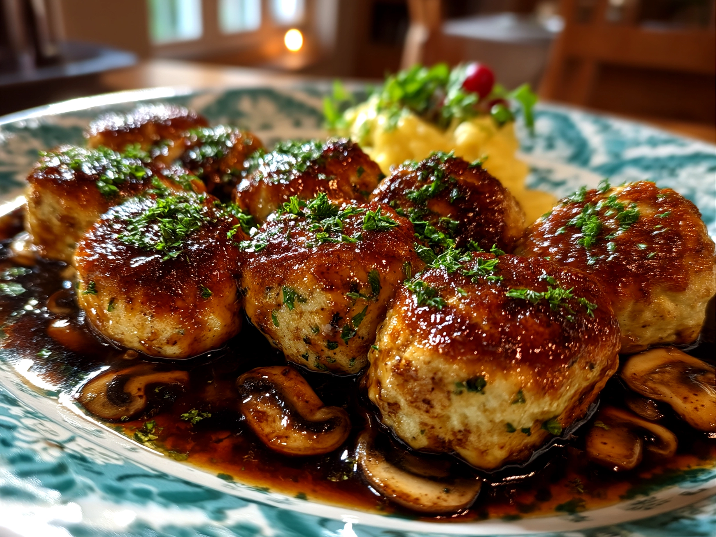 Finished comforting chicken marsala meatballs served with sauce, ready to eat