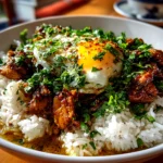 Home cook, taken with iPhone 14. Close-up slight angle of comforting Chicken And Rice Bowl on white plate. Mouthwatering --ar 4:3 --style raw --s 240