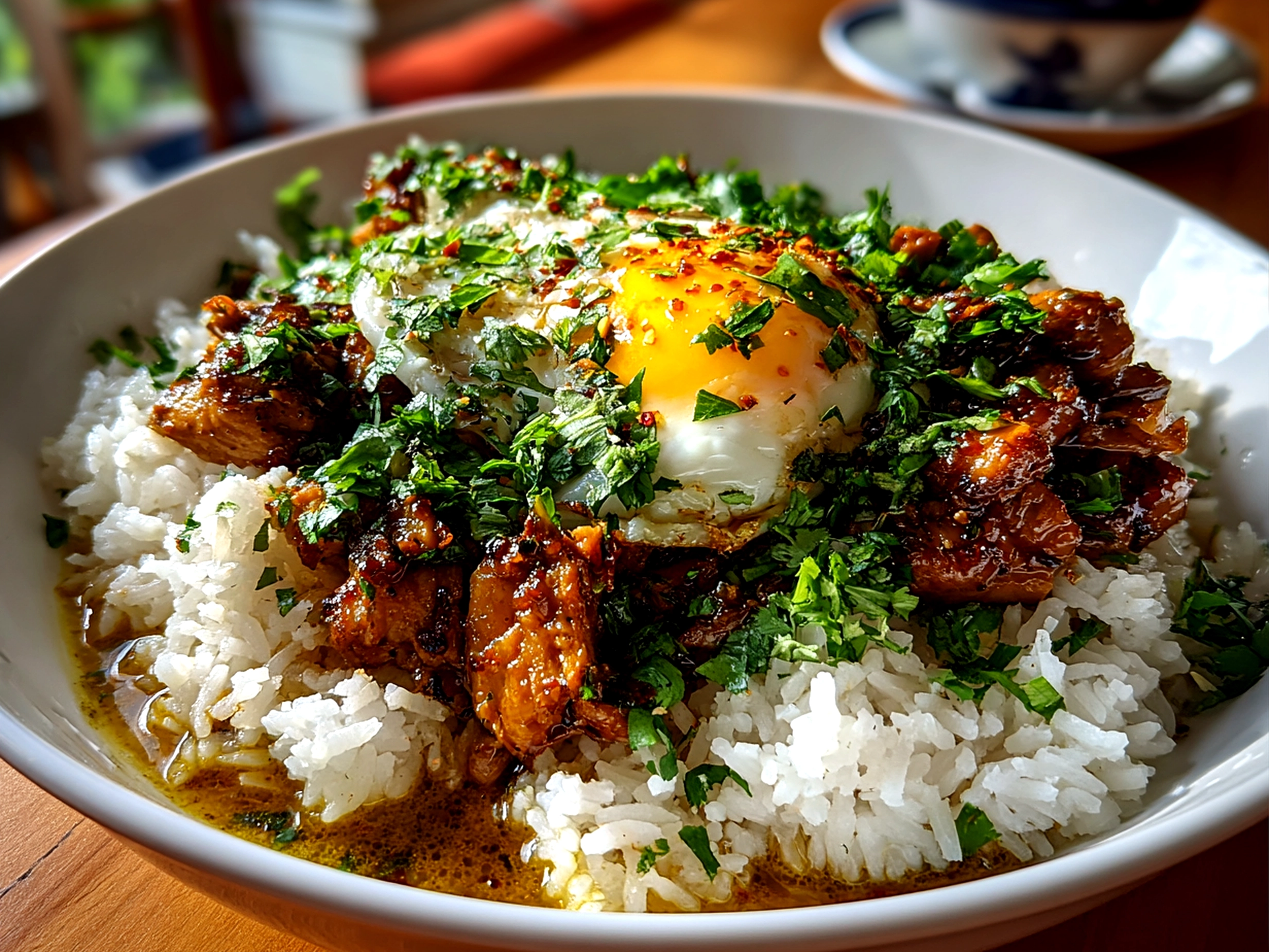 Home cook, taken with iPhone 14. Close-up slight angle of comforting Chicken And Rice Bowl on white plate. Mouthwatering --ar 4:3 --style raw --s 240