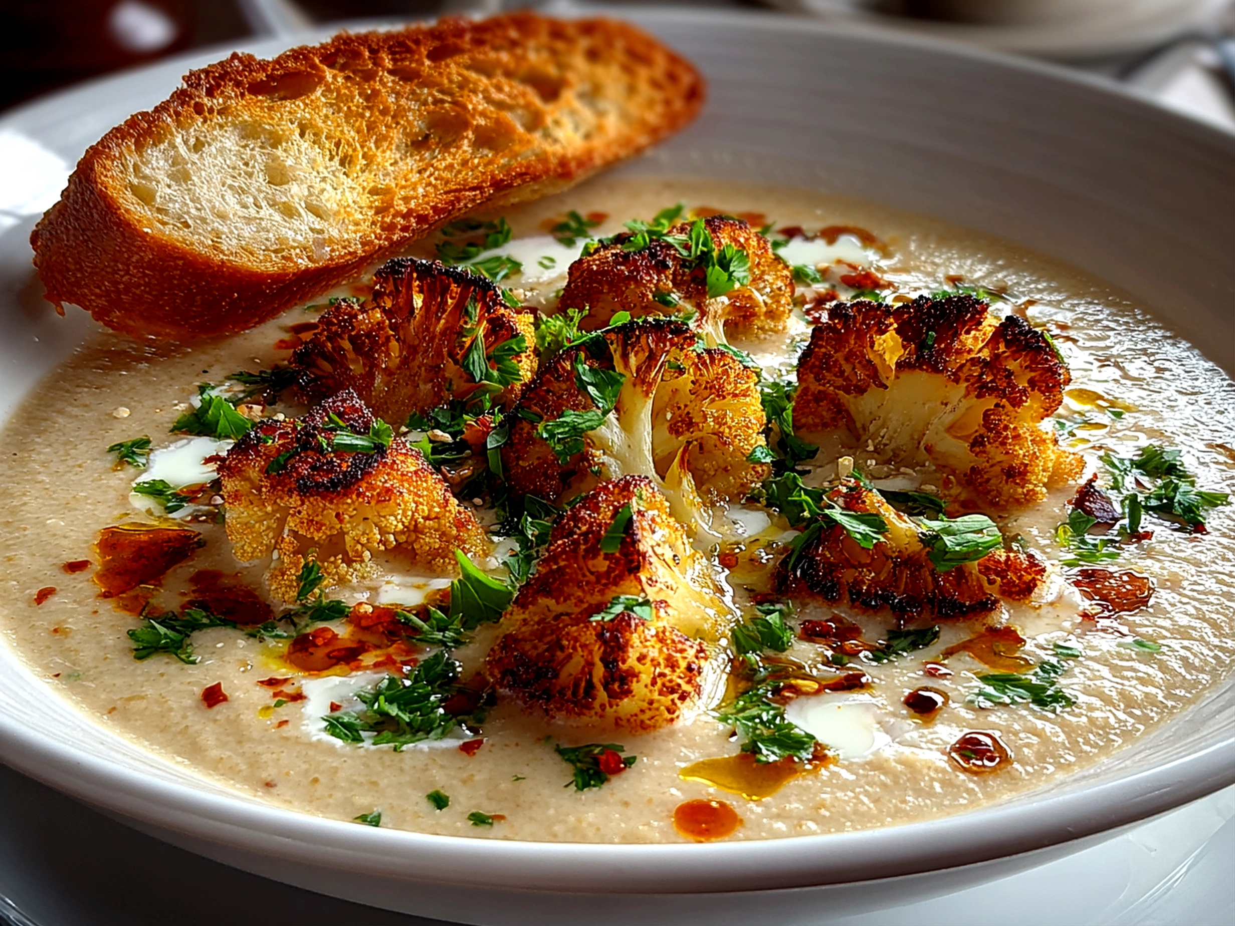 Home cook, taken with iPhone 14. Close-up slight angle of comforting roasted cauliflower soup on white plate. Warm appetizing --ar 4:3 --style raw --s 220