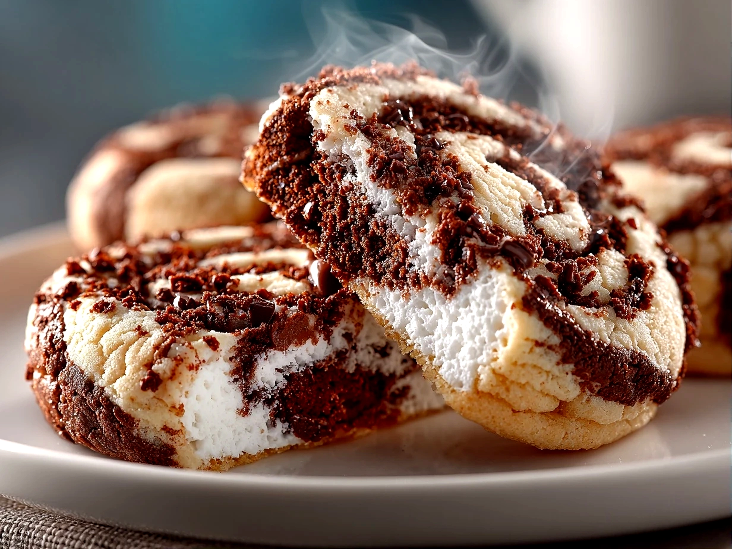 home cook, taken with iPhone 14. Close-up slight angle of delicious Chocolate Marshmallow Swirl Cookies on white plate. mouthwatering --ar 4:3 --style raw --s 250