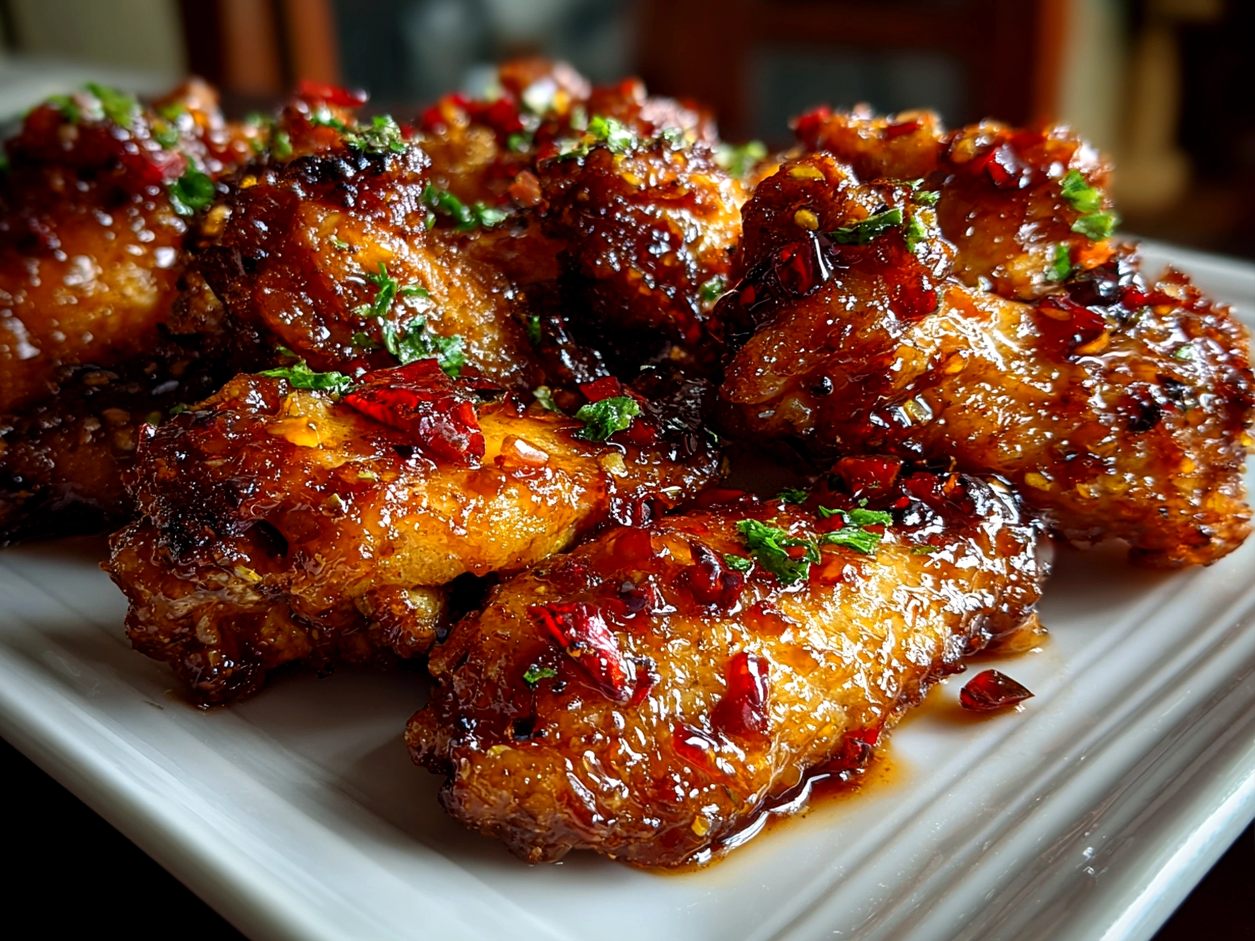 homemade baked sweet chili wings on white plate