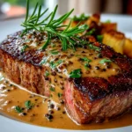 Homemade steak with peppercorn sauce close-up