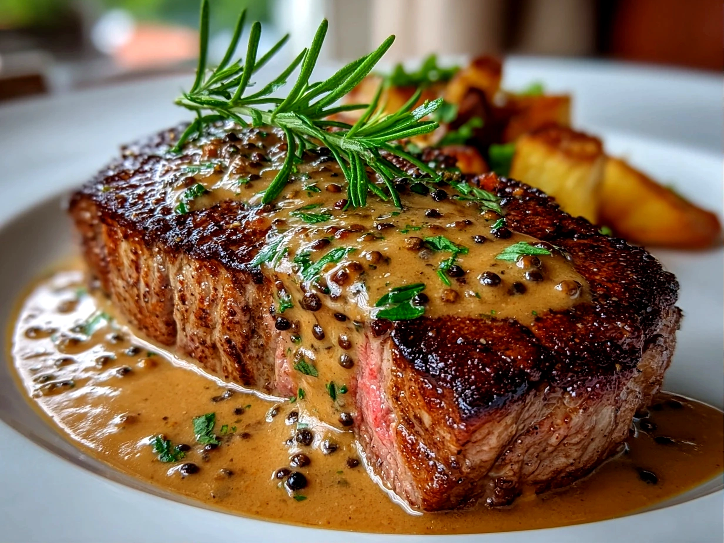 Homemade steak with peppercorn sauce close-up