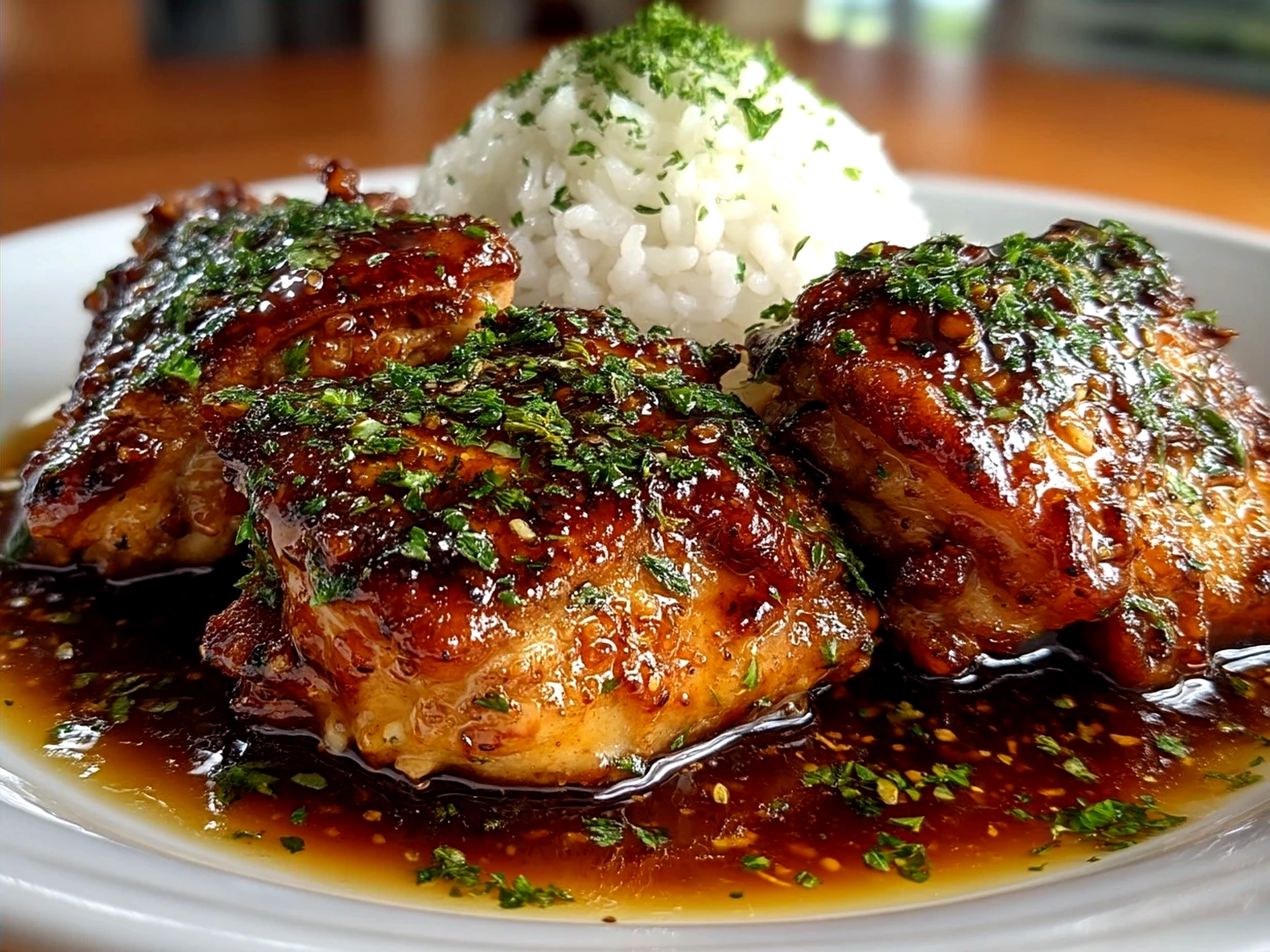 Served Honey Garlic Chicken Thighs with rice and vegetables