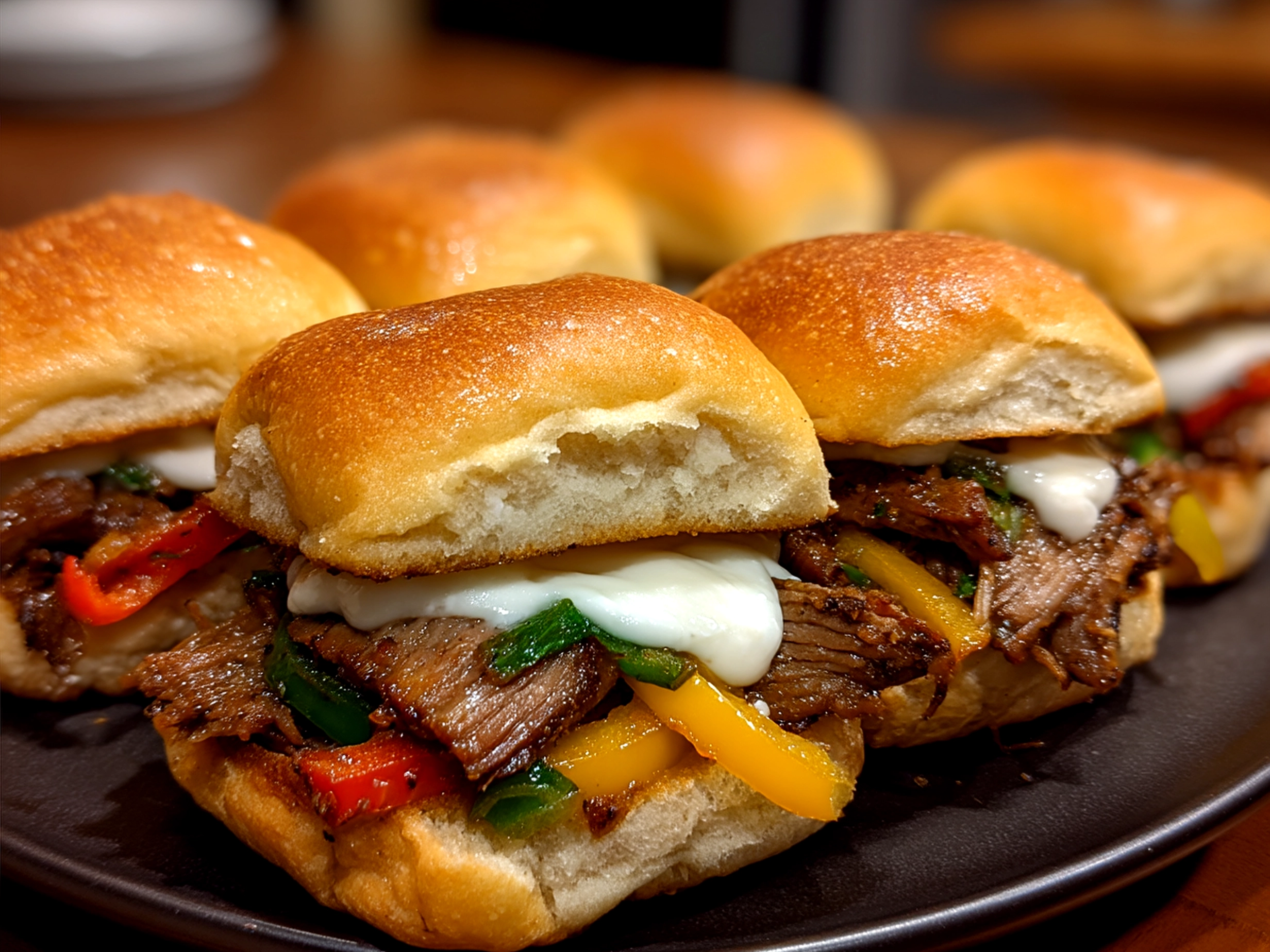Ready Loaded Philly Cheesesteak Sliders served on a wooden board with garnish