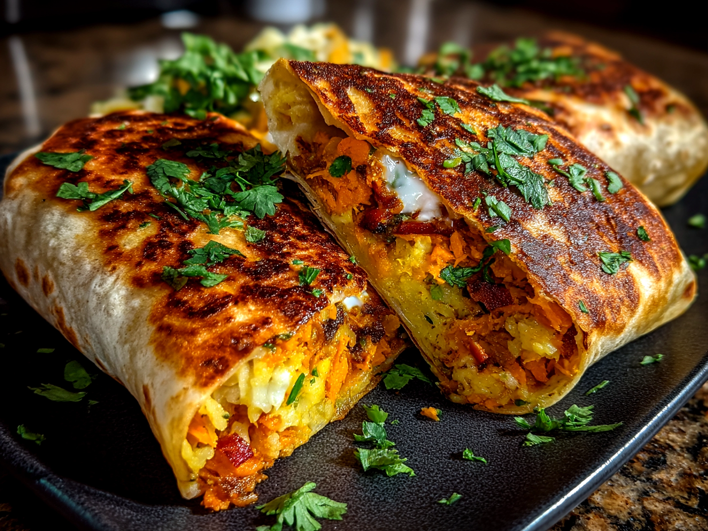 Deliciously assembled Loaded Sweet Potato Burritos ready to serve with sour cream and lime wedges