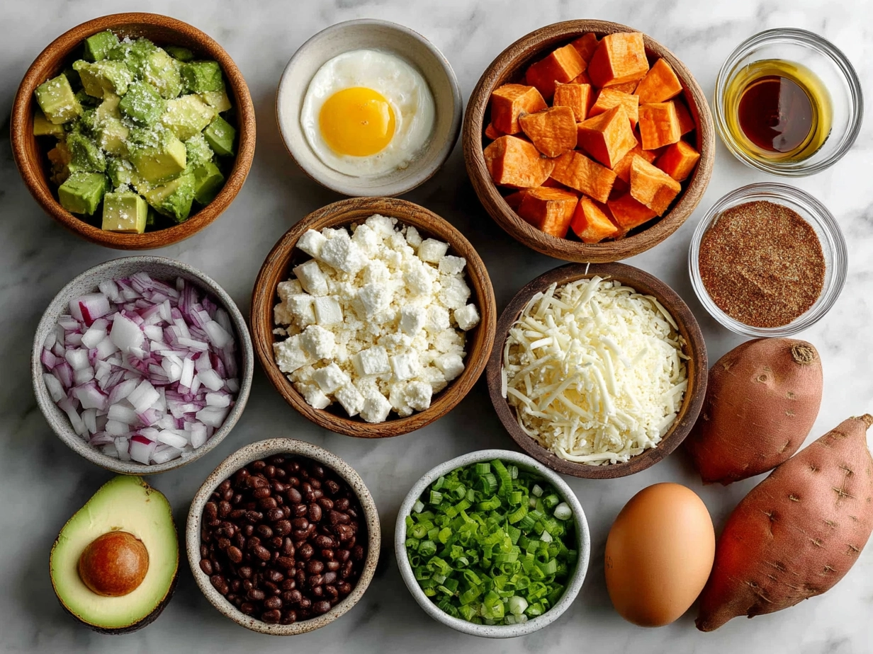 Ingredients for Loaded Sweet Potato Burritos including diced sweet potatoes, black beans, spices, tortillas, avocado, cheese, and cilantro