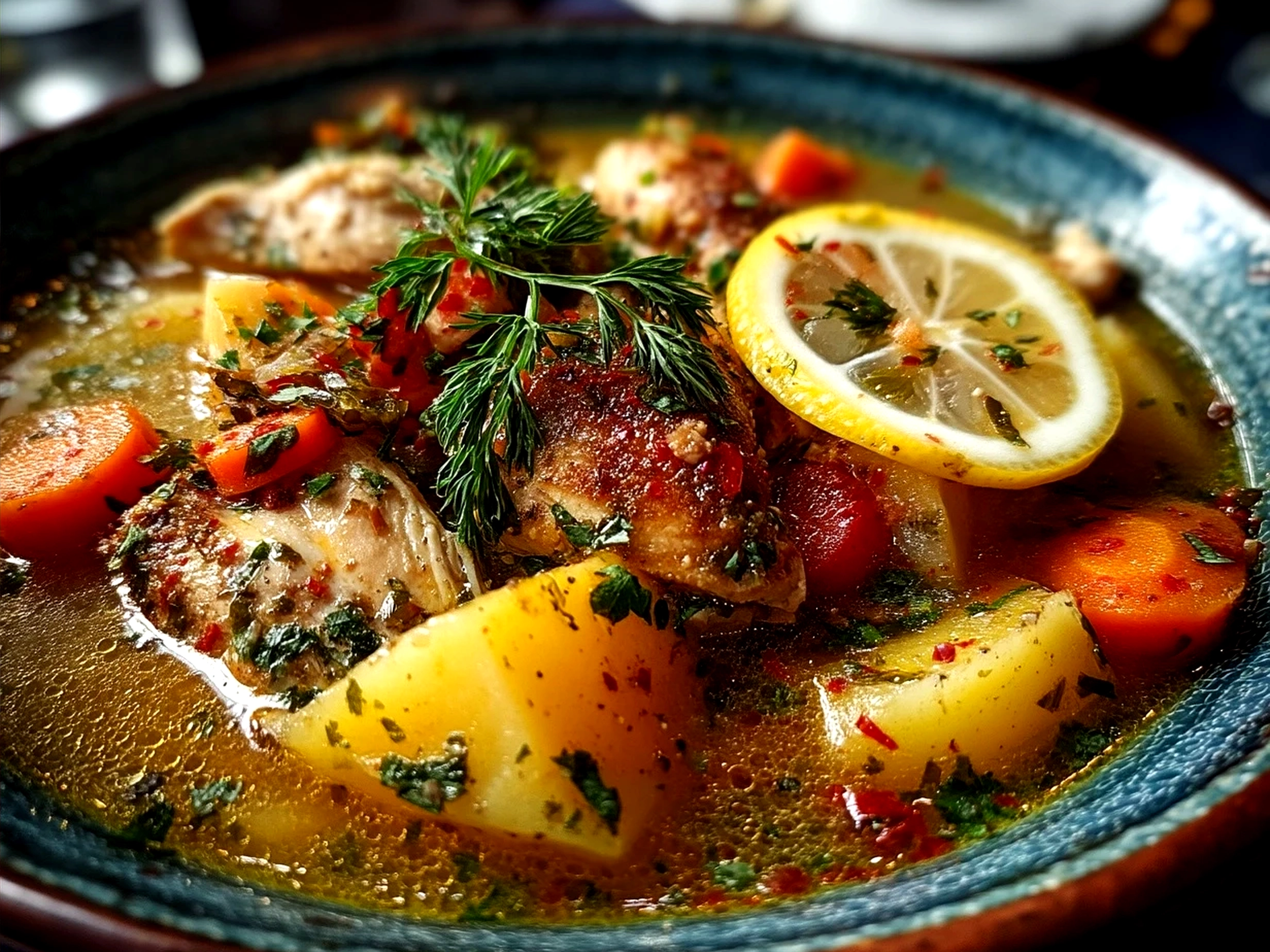 A bowl of One-Pot Lemon Chicken Soup garnished with fresh parsley, next to crusty bread on a napkin