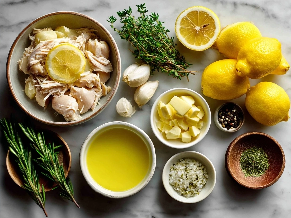 Ingredients for One-Pot Lemon Chicken Soup laid out on a wooden table including olive oil, lemon, chicken, orzo, and fresh vegetables