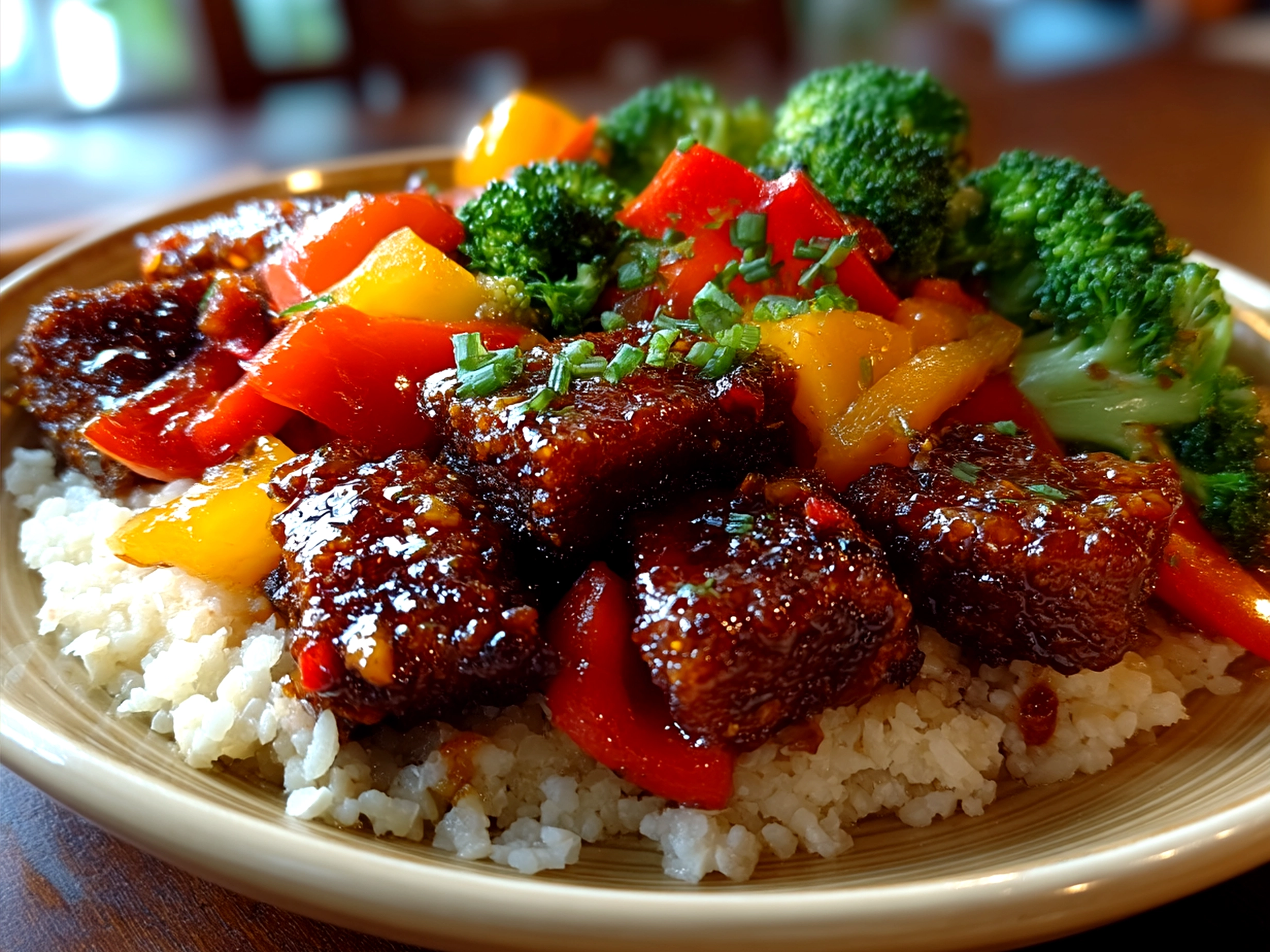 Orange Glazed Tempeh Stir Fry served on a plate garnished with green onions and sesame seeds