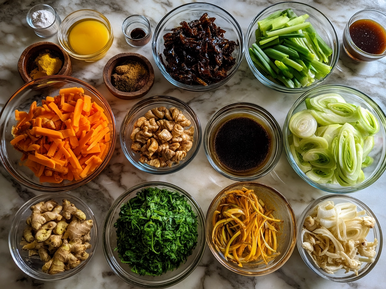 Ingredients laid out for Orange Glazed Tempeh Stir Fry including tempeh, vegetables, and sauces