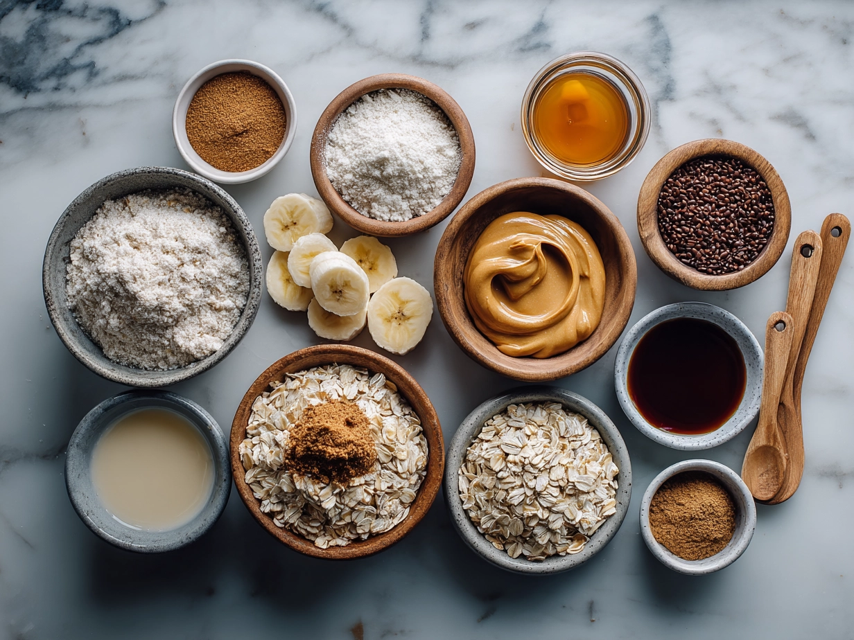 Ingredients for Peanut Butter Banana Oat Bars neatly arranged on a kitchen counter