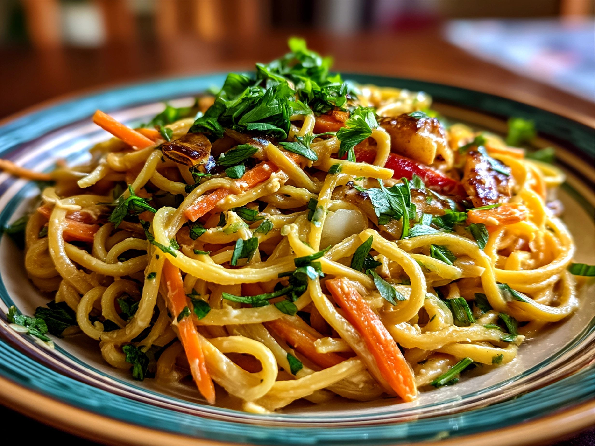 Serving bowl of peanut noodles garnished with chopped peanuts and scallions