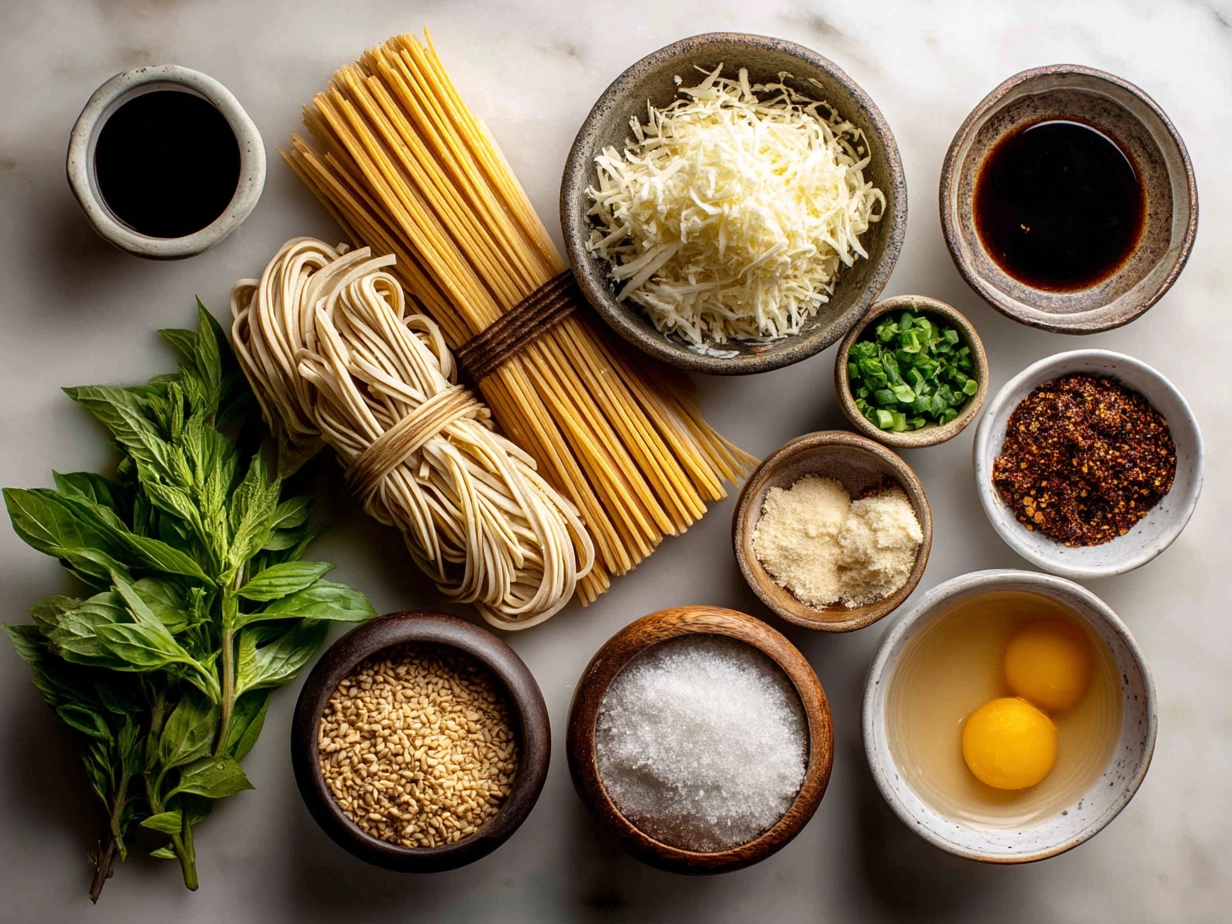 Ingredients for making peanut noodles including peanut butter, noodles, soy sauce, garlic, and sesame oil