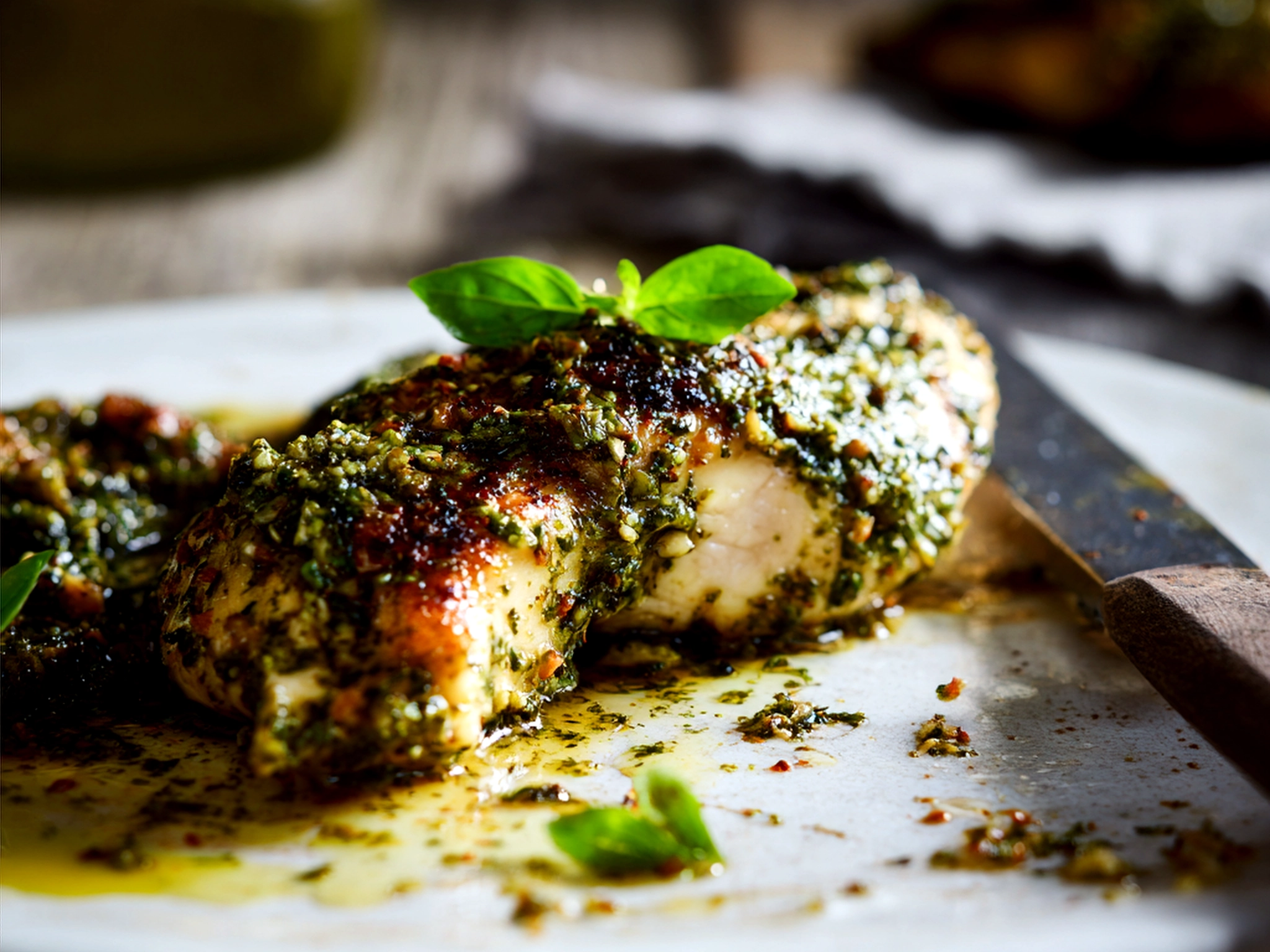 Finished pesto chicken served on a plate garnished with fresh basil alongside fresh vegetables