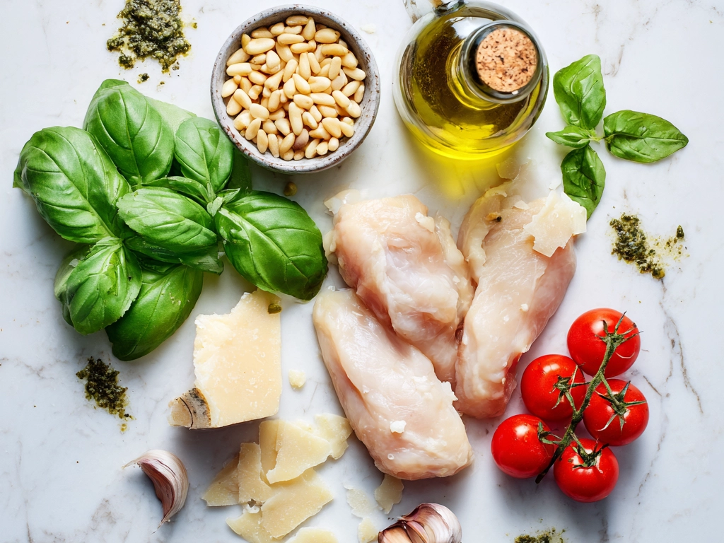 Ingredients for making pesto chicken including chicken breasts, basil pesto, Parmesan cheese, olive oil, cherry tomatoes, salt and pepper, and fresh basil leaves