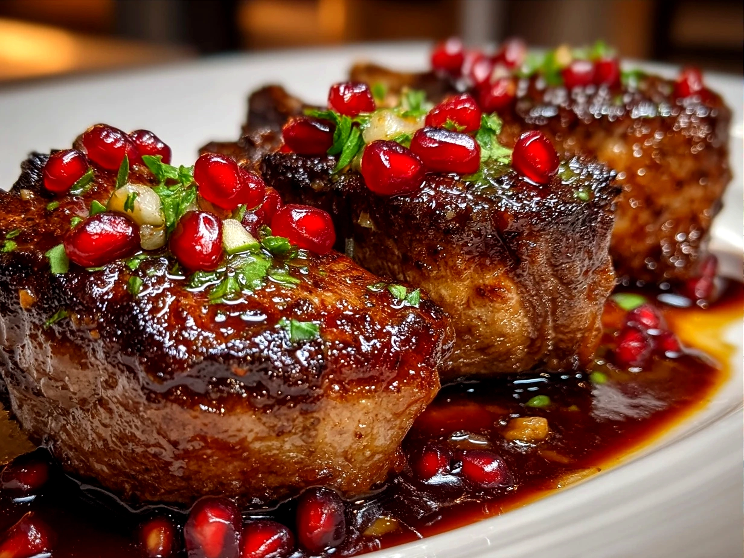 Served Pomegranate Glazed Lamb Chops with couscous salad and roasted vegetables