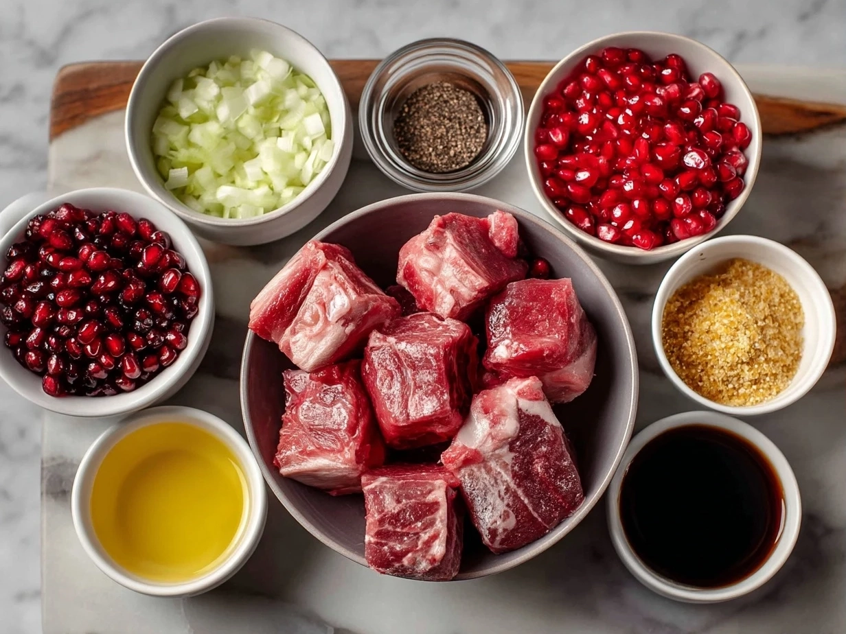 Ingredients for Pomegranate Glazed Lamb Chops: lamb chops, pomegranate juice, honey, garlic, lemon, spices, and olive oil