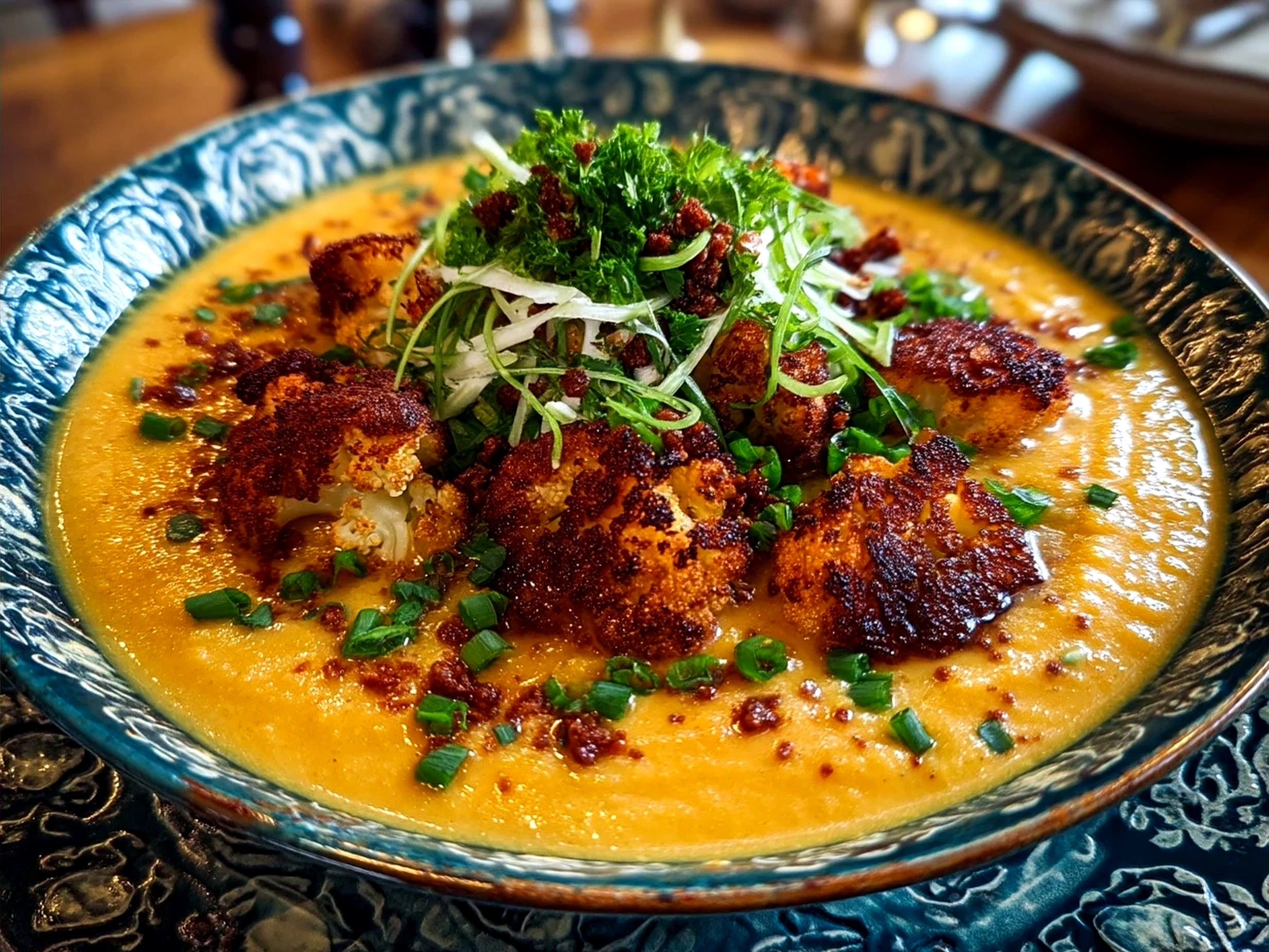 Bowl of Roasted Cauliflower Curry Soup garnished with fresh cilantro served with bread