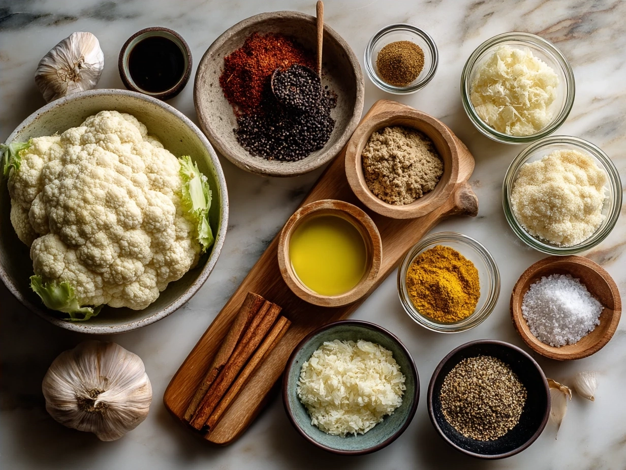 Ingredients for Roasted Cauliflower Curry Soup laid out on a kitchen counter