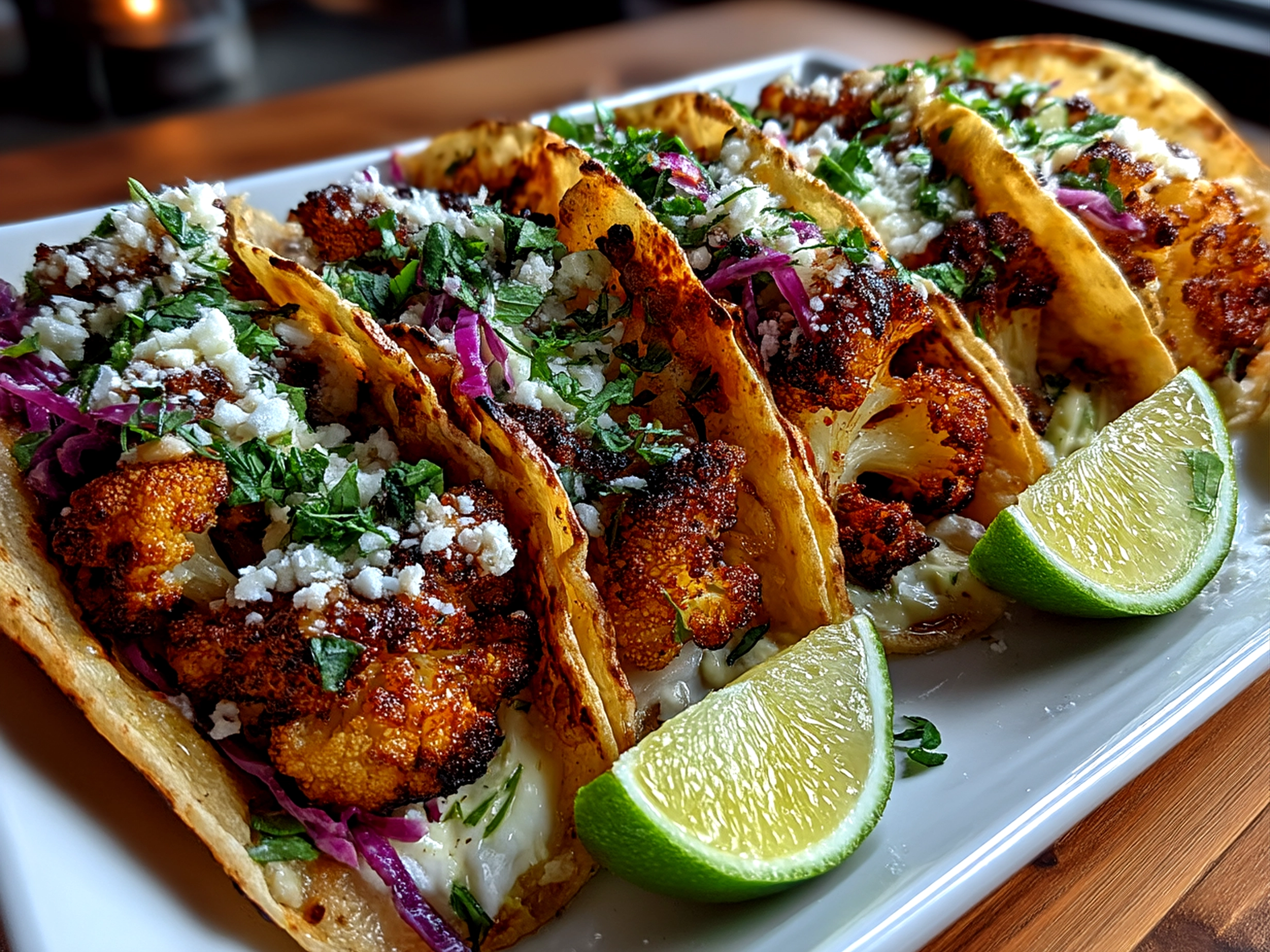 Served roasted cauliflower tacos on a plate garnished with fresh toppings