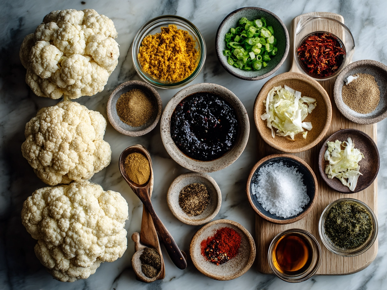 Ingredients for roasted cauliflower tacos laid out on a table