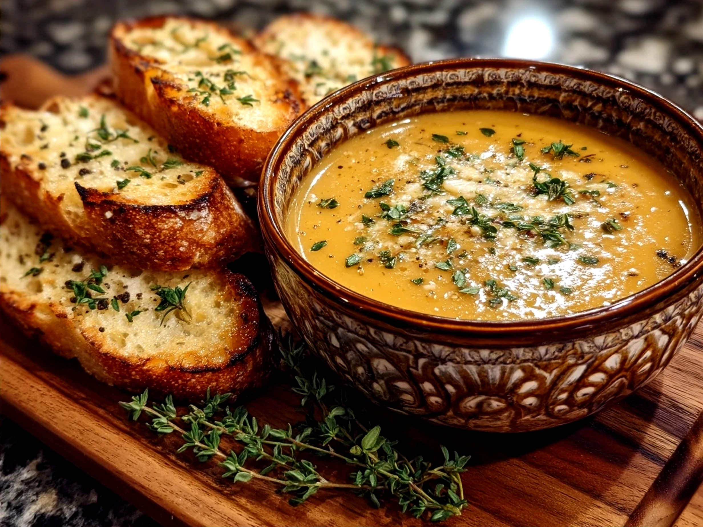 Creamy Roasted Parsnip Soup with Thyme served in a bowl garnished with fresh thyme