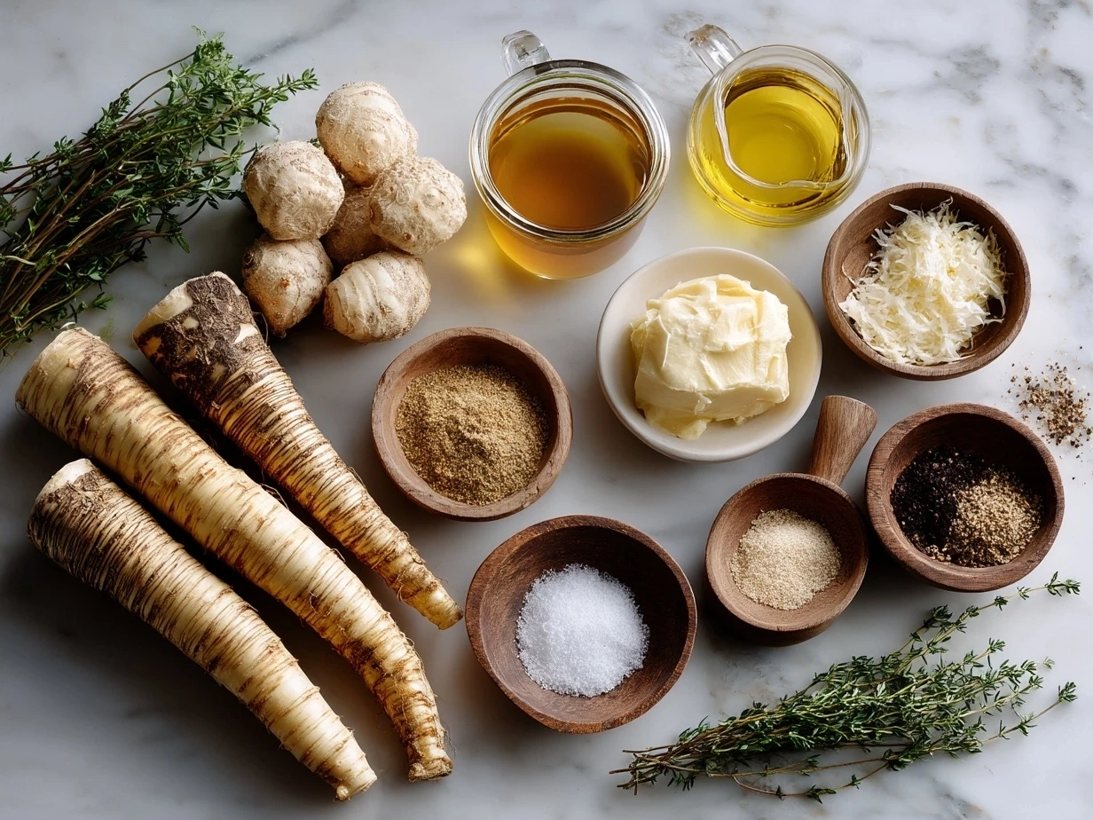 Ingredients for Roasted Parsnip Soup with Thyme laid out on a kitchen counter