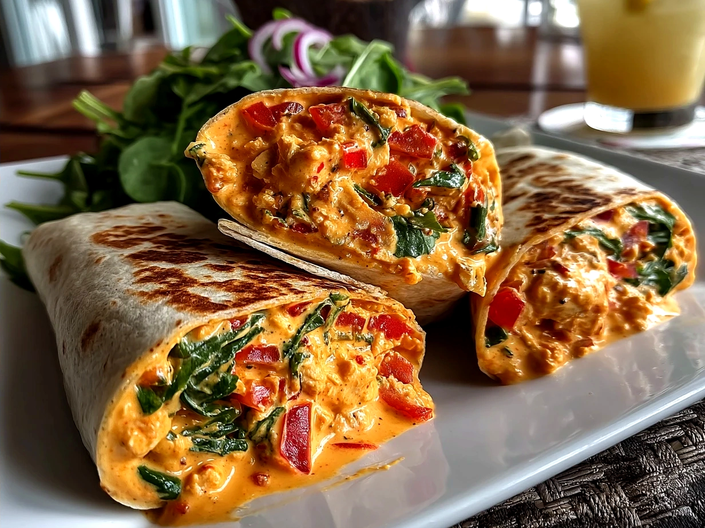 Served Roasted Red Pepper Hummus Wraps plated with fresh parsley garnish