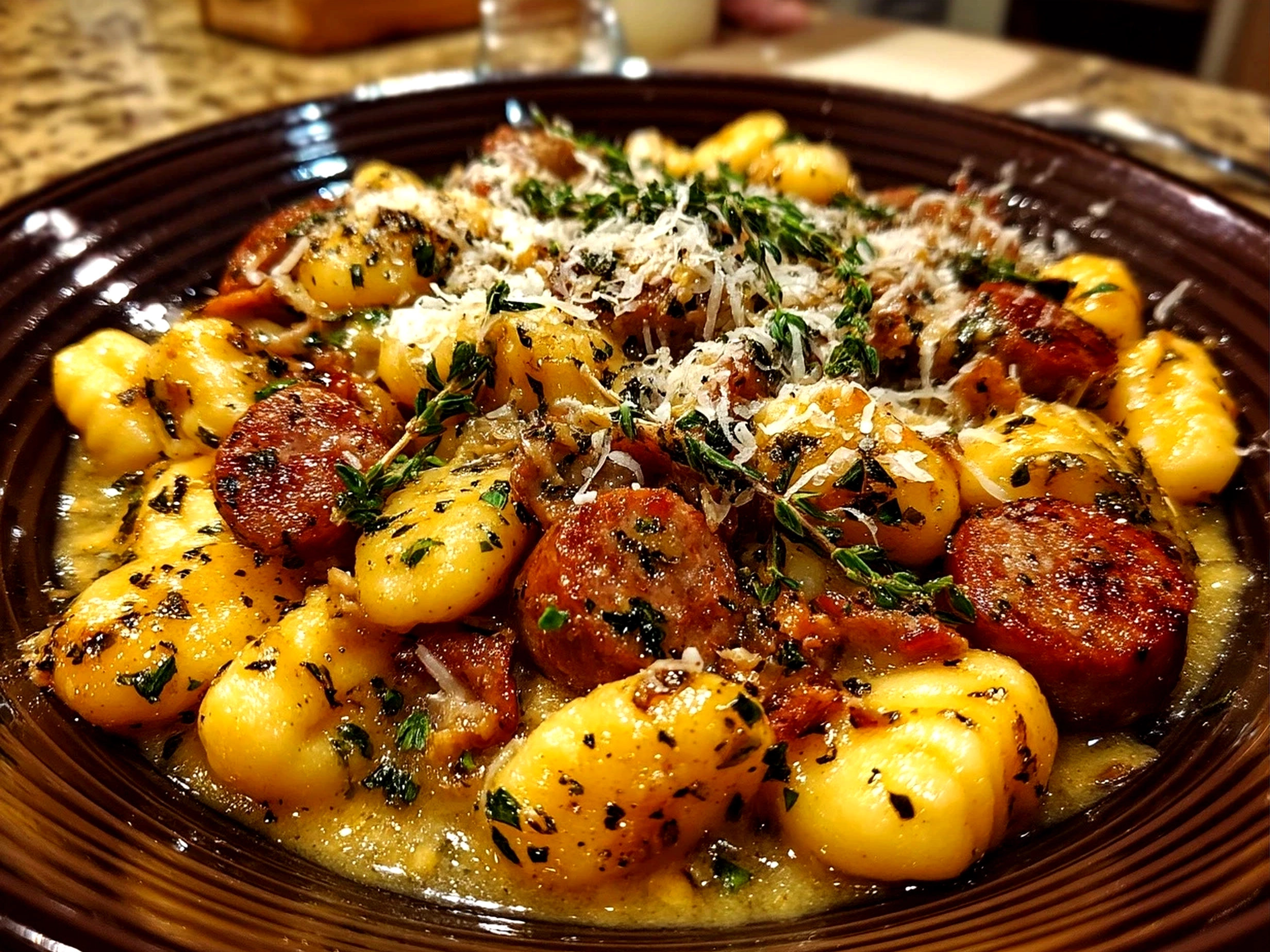 A serving of creamy sausage gnocchi skillet garnished with fresh herbs and Parmesan cheese.