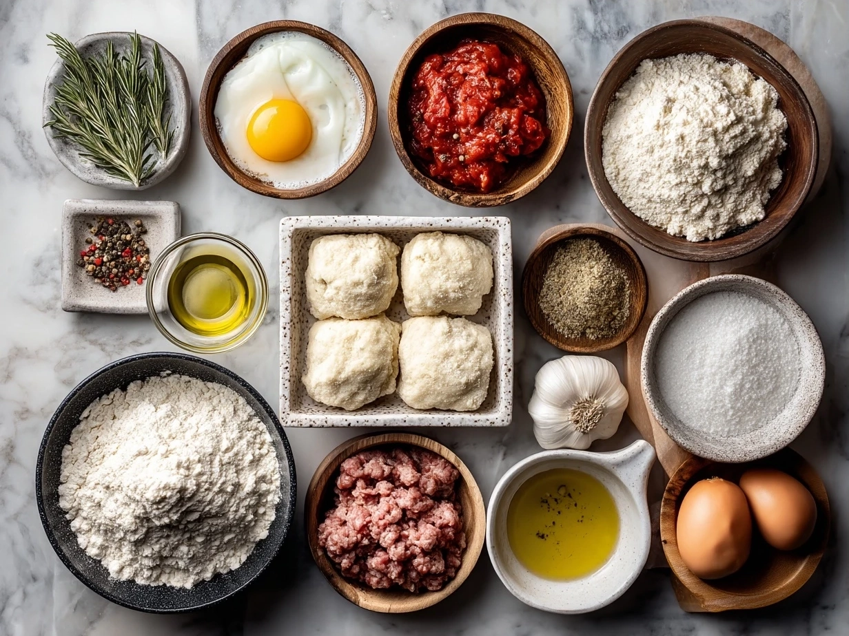 Ingredients for creamy sausage gnocchi including Italian sausage, potato gnocchi, Parmesan cheese, spinach, and cream.