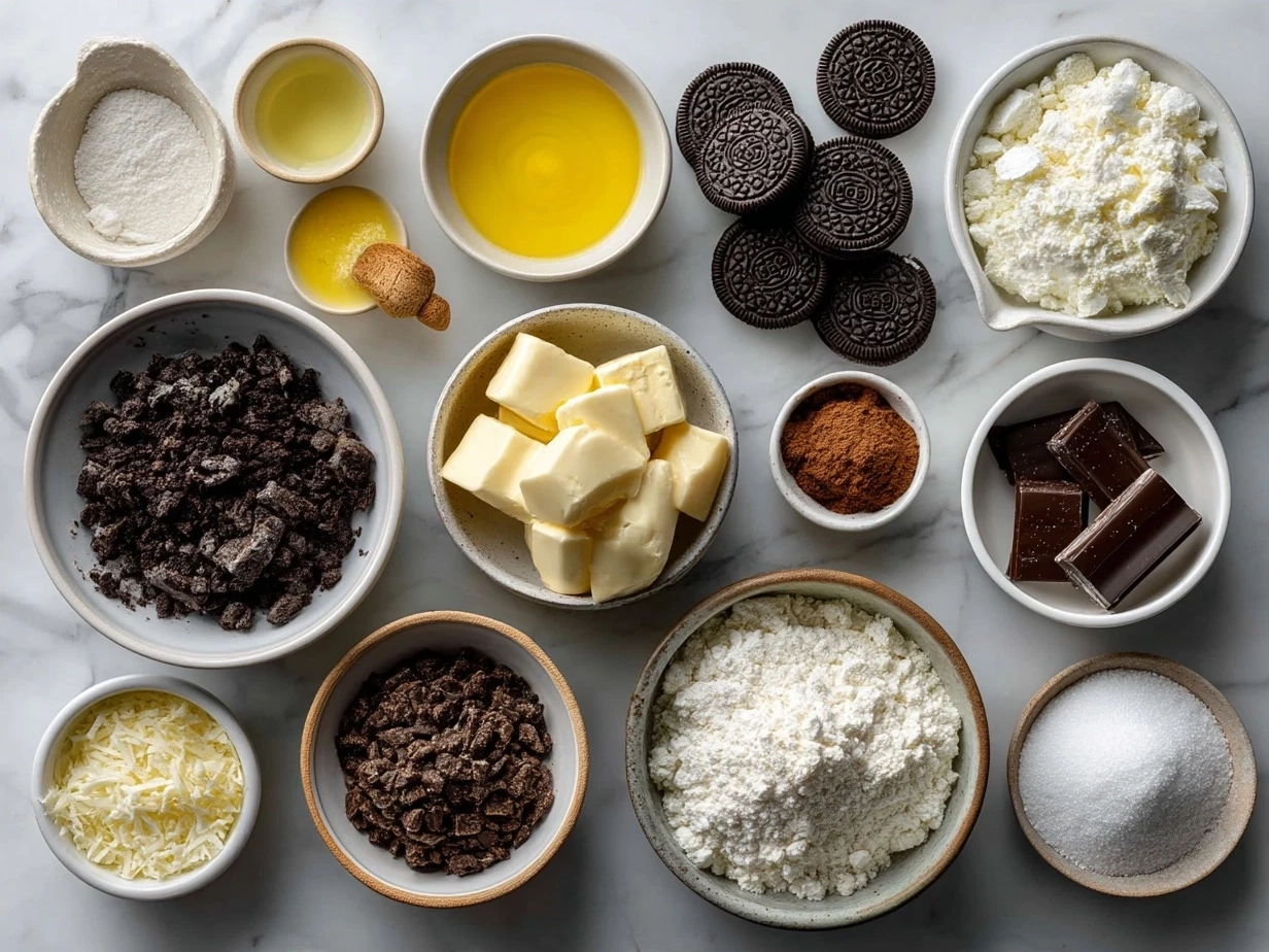 Ingredients for making shaped Oreo truffles including crushed Oreos, cream cheese, and chocolate melts