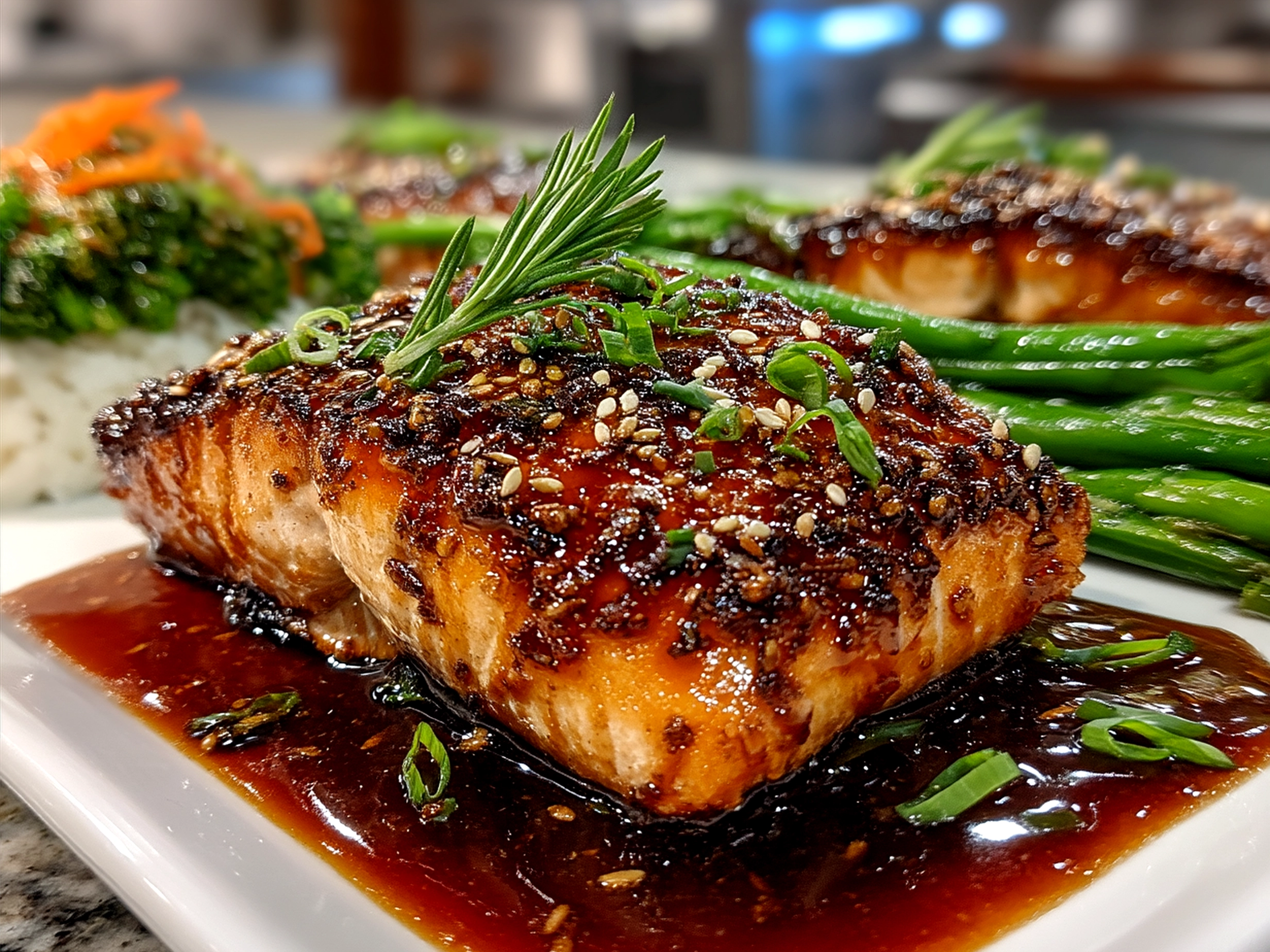 Plated Sheet Pan Teriyaki Salmon served with steamed rice and garnished with sesame seeds and green onions