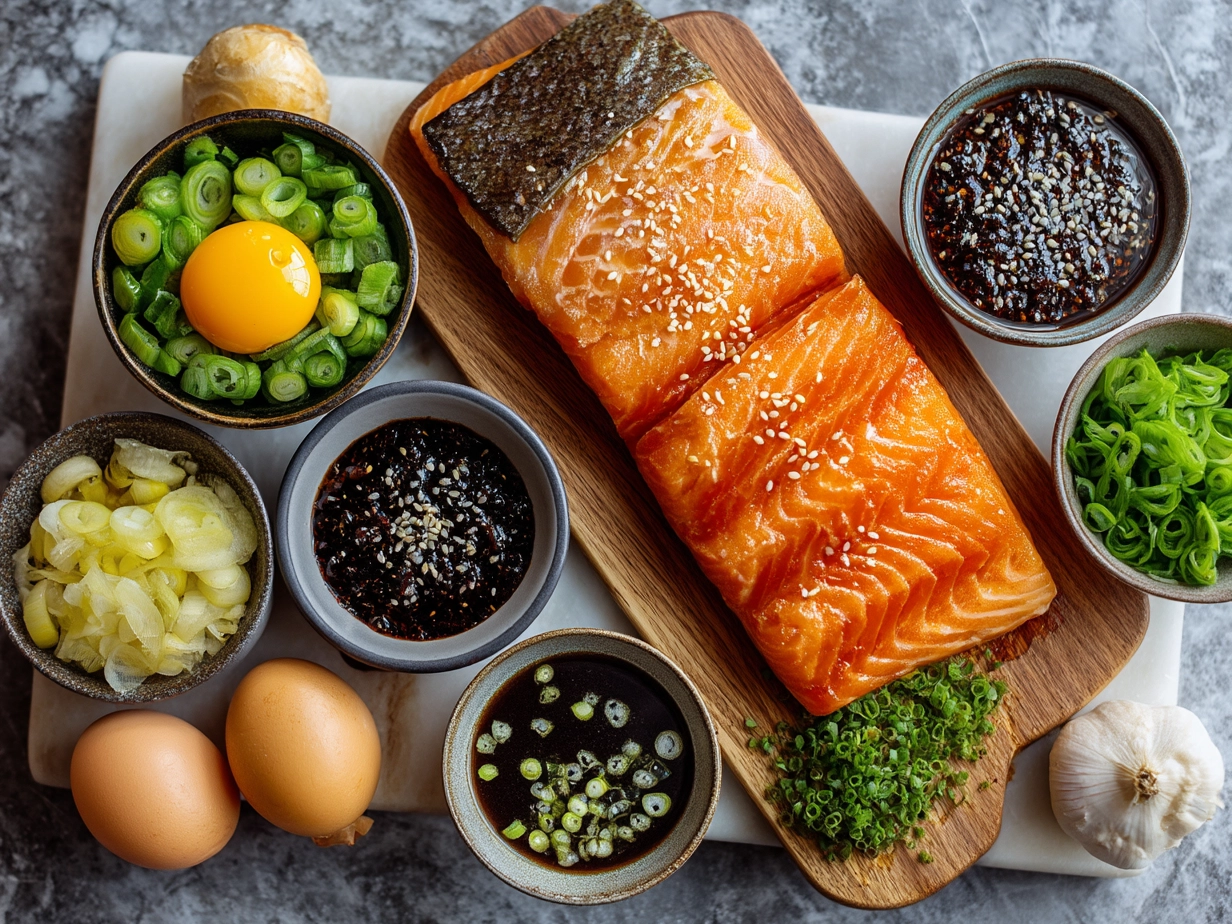 Ingredients for Sheet Pan Teriyaki Salmon including salmon fillets, teriyaki sauce, honey, rice vinegar, garlic, ginger, and oil