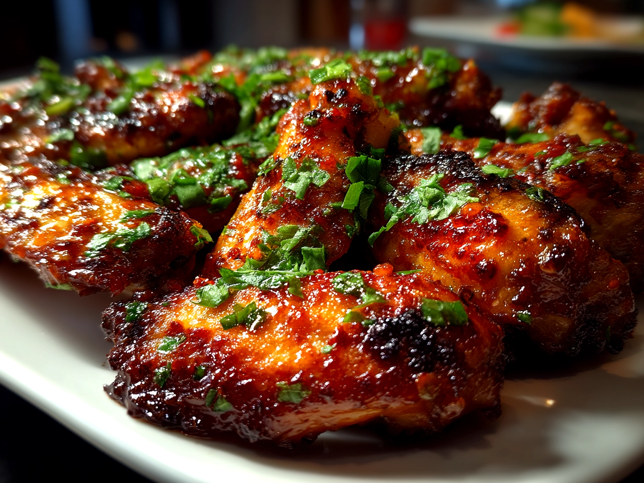 Close up of finished baked sweet chili wings served hot